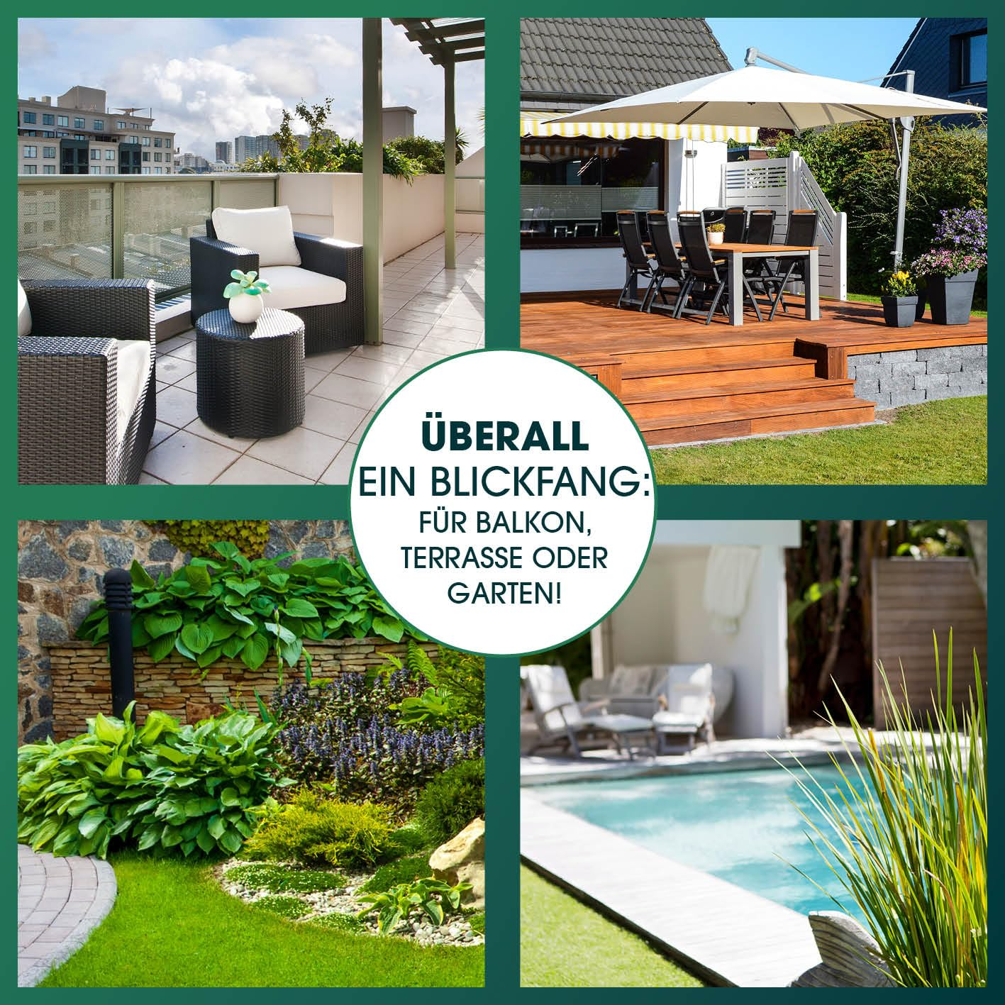 Quattro pannelli con balcone, terrazzo in legno, giardino e piscina con testo in tedesco.