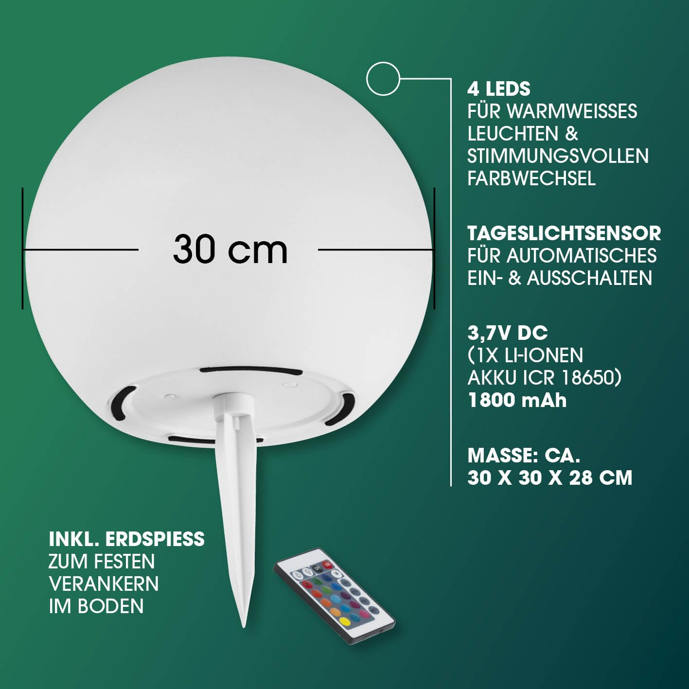 Dati tecnici e caratteristiche di una sfera da giardino a LED da 30 cm con picchetto e telecomando su sfondo verde.