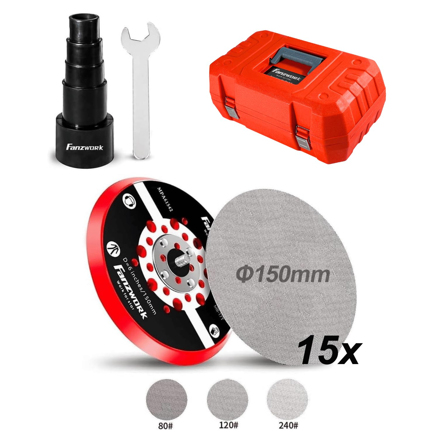 Schleifpad, roter Werkzeugkasten, Adapter, Schraubenschlüssel und Schleifscheiben mit Körnungen 80, 120, 240.