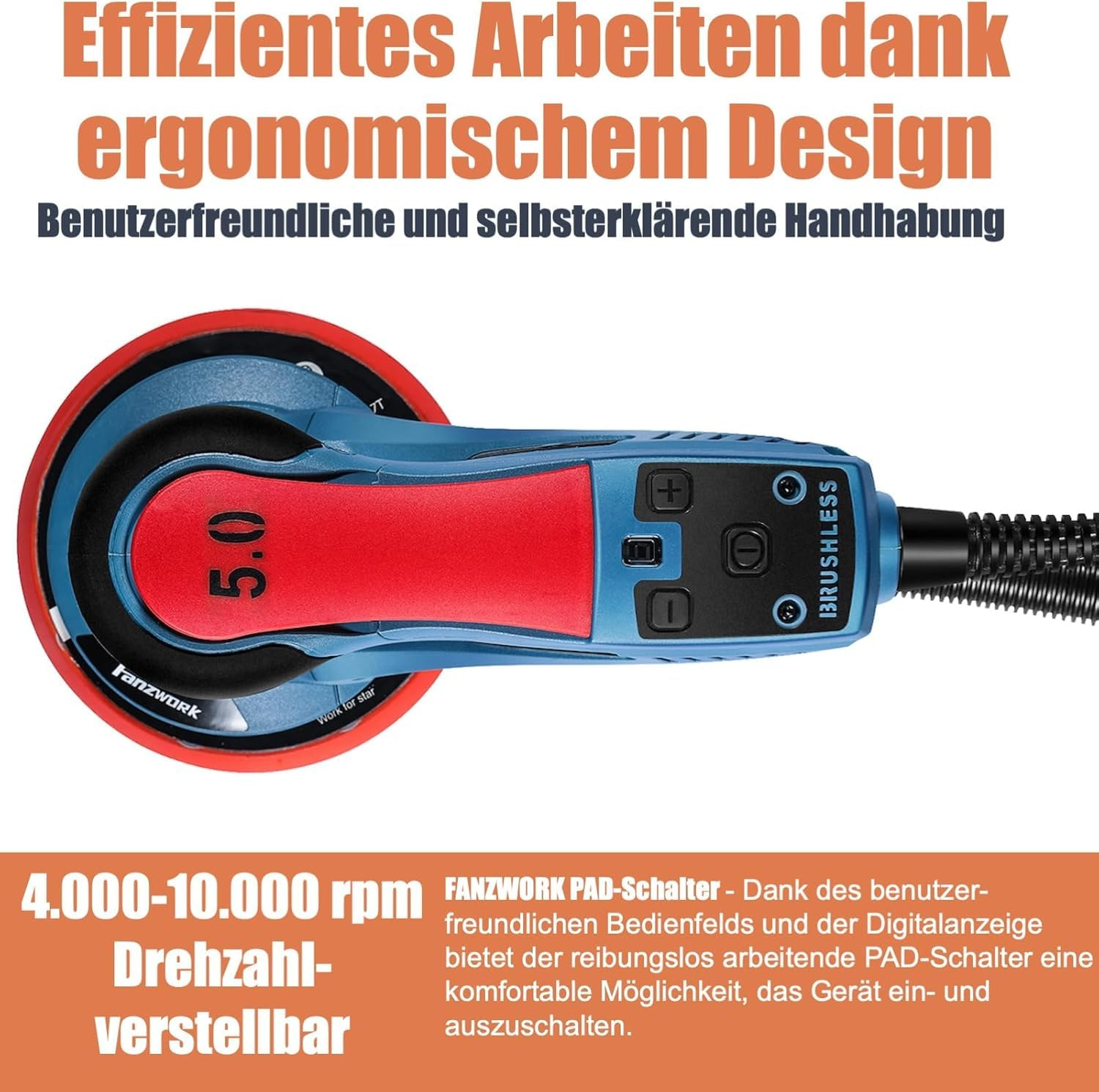 Blaue und rote Exzenterschleifmaschine mit digitaler Anzeige und Geschwindigkeitsregelung.