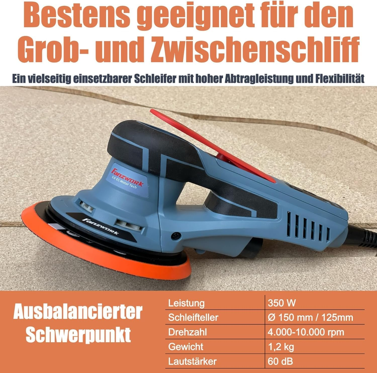 Ein blauer und schwarzer Exzenterschleifer liegt auf einer Holzoberfläche mit Werbetexten oben und unten.