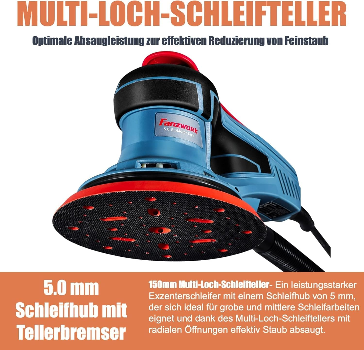 Ein blauer Exzenterschleifer mit rotem Schleifteller und Text auf dem Bild.