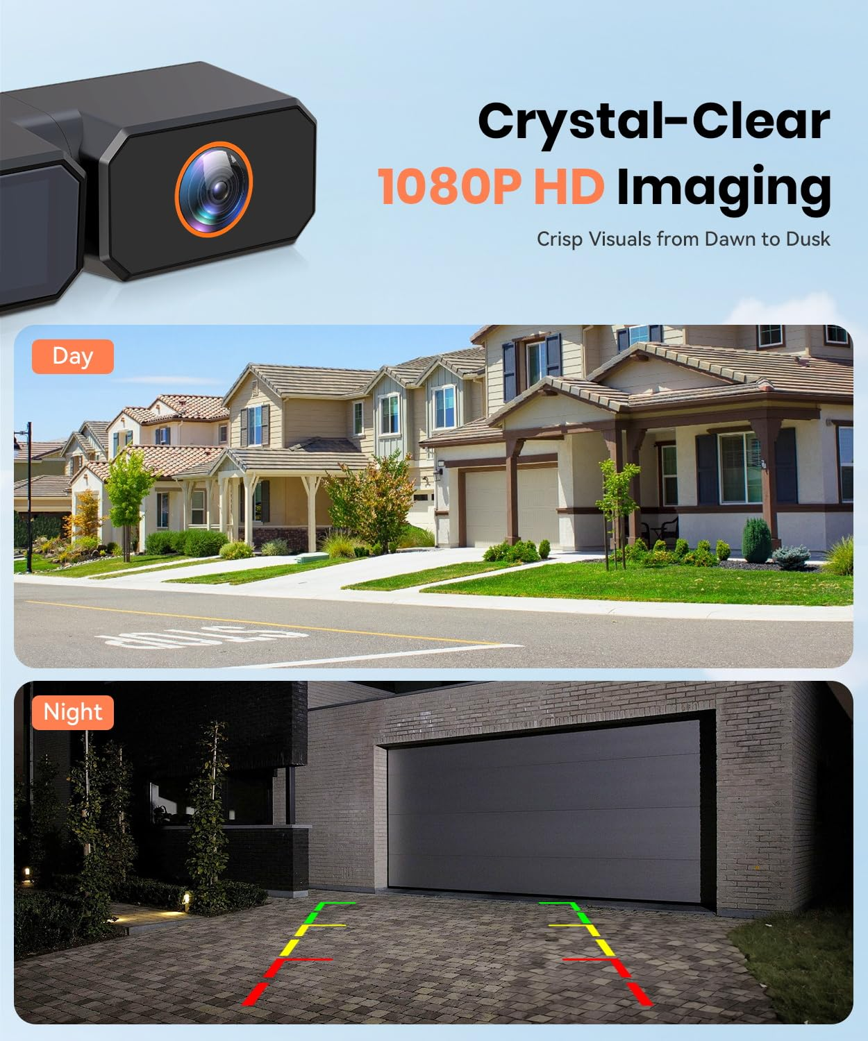 Caméra de surveillance affichant une vision HD 1080p de jour et de nuit de maisons et d'une allée.