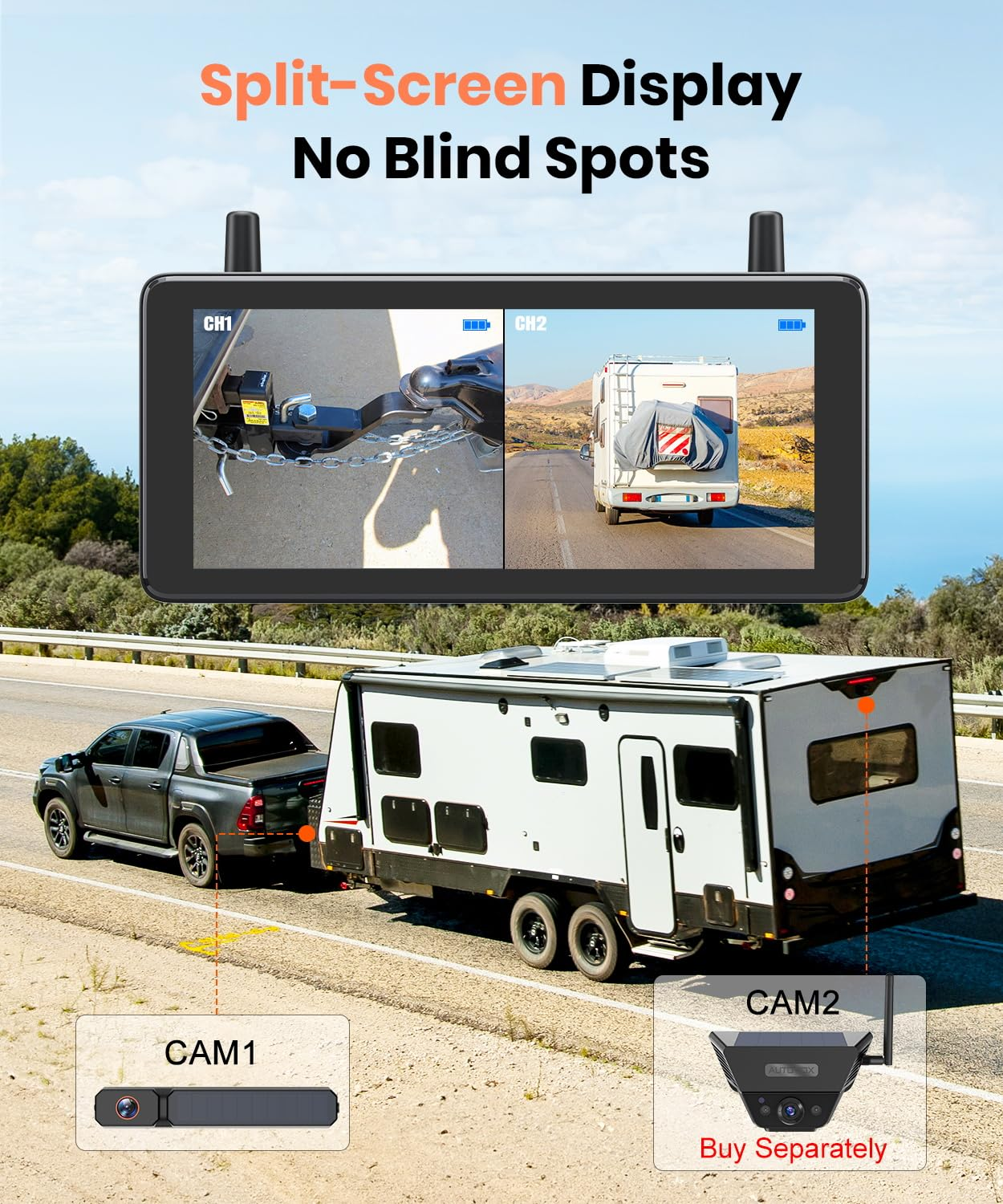 Un écran partagé montre les vues d'attelage et arrière d'un camion tractant un camping-car blanc.