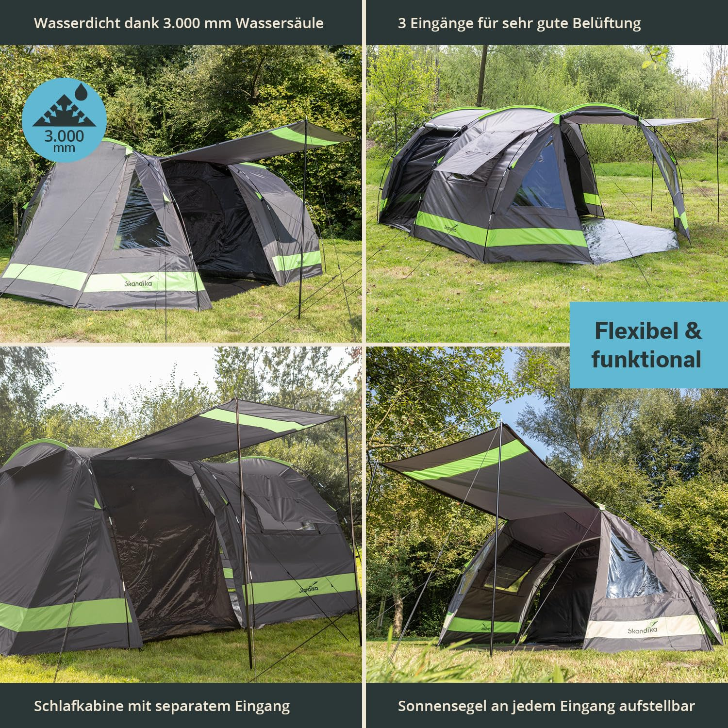 Immagine in quattro parti di una grande tenda Skandika grigia e verde all'aperto che evidenzia le funzioni.