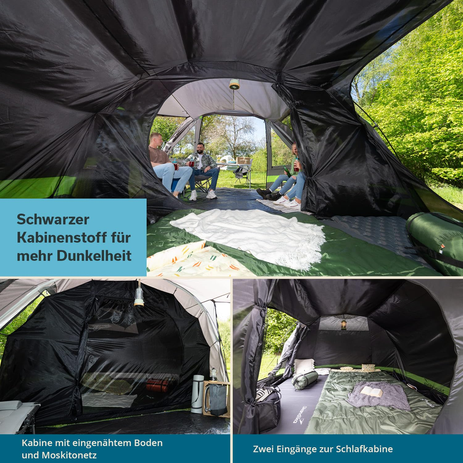 Vista all'interno di una tenda scura con cabina letto, materassini e persone nel portico.