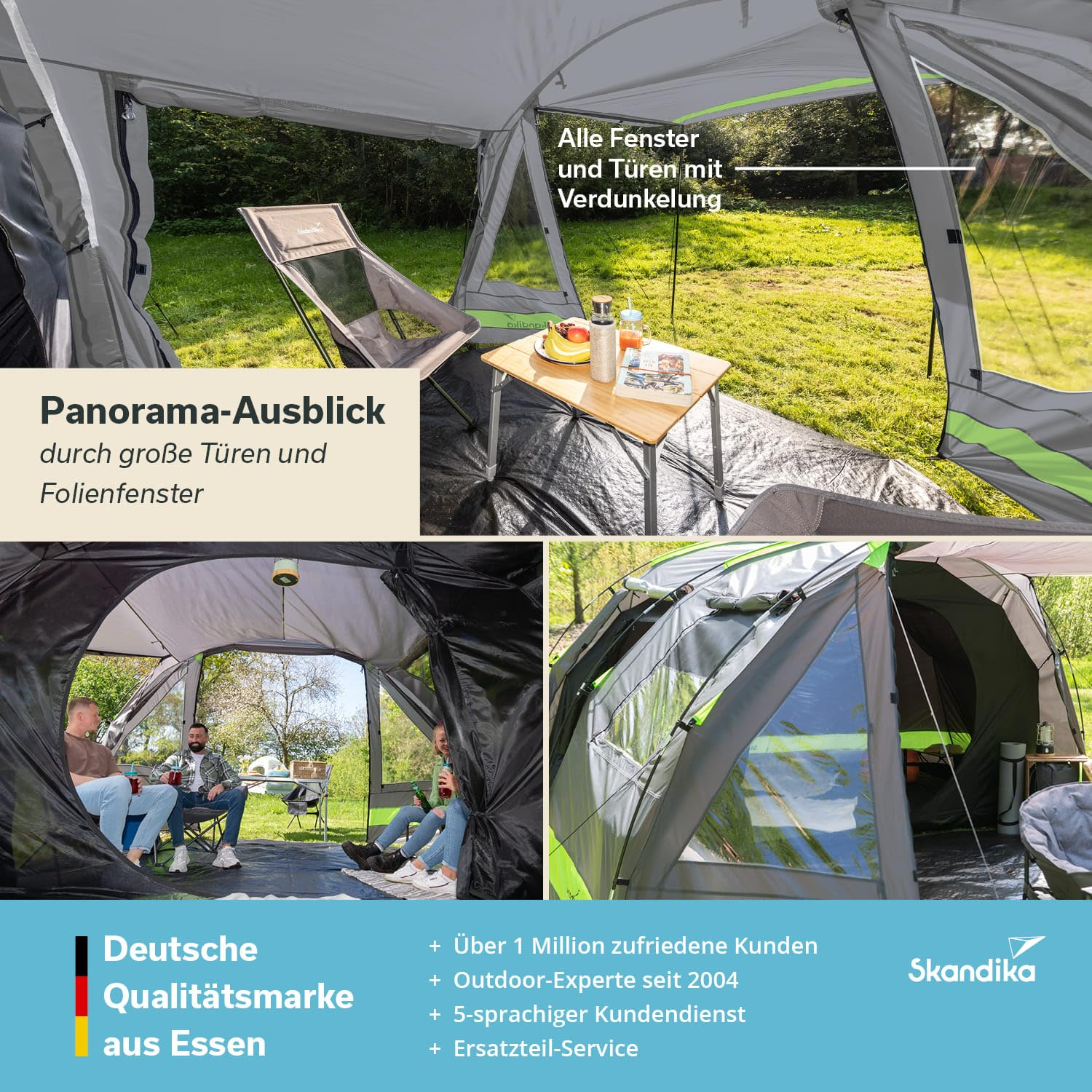 Tenda Skandika con vista panoramica, finestre, tende scure, sedie e persone in giardino.