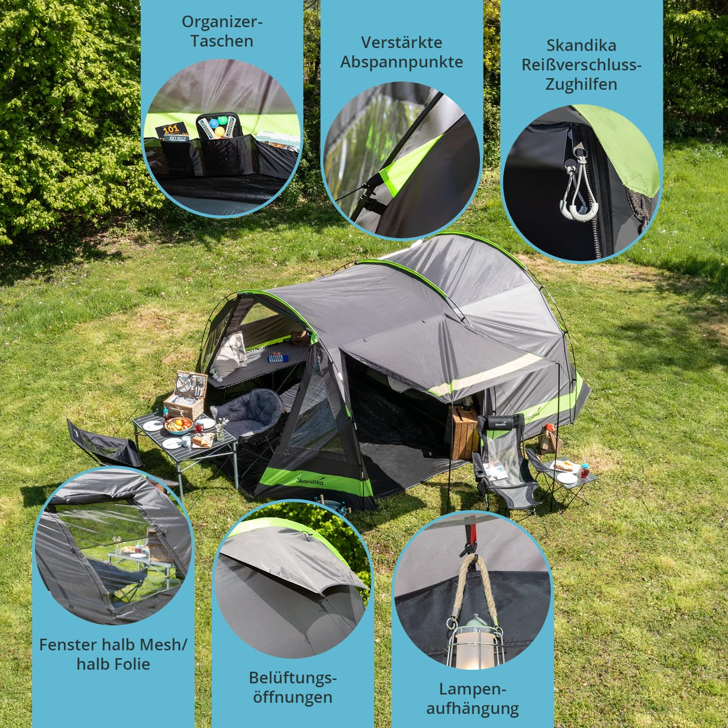 Una tenda grigia e verde su prato, circondata da dettagli su tasche, cerniere, finestre e ventilazione.