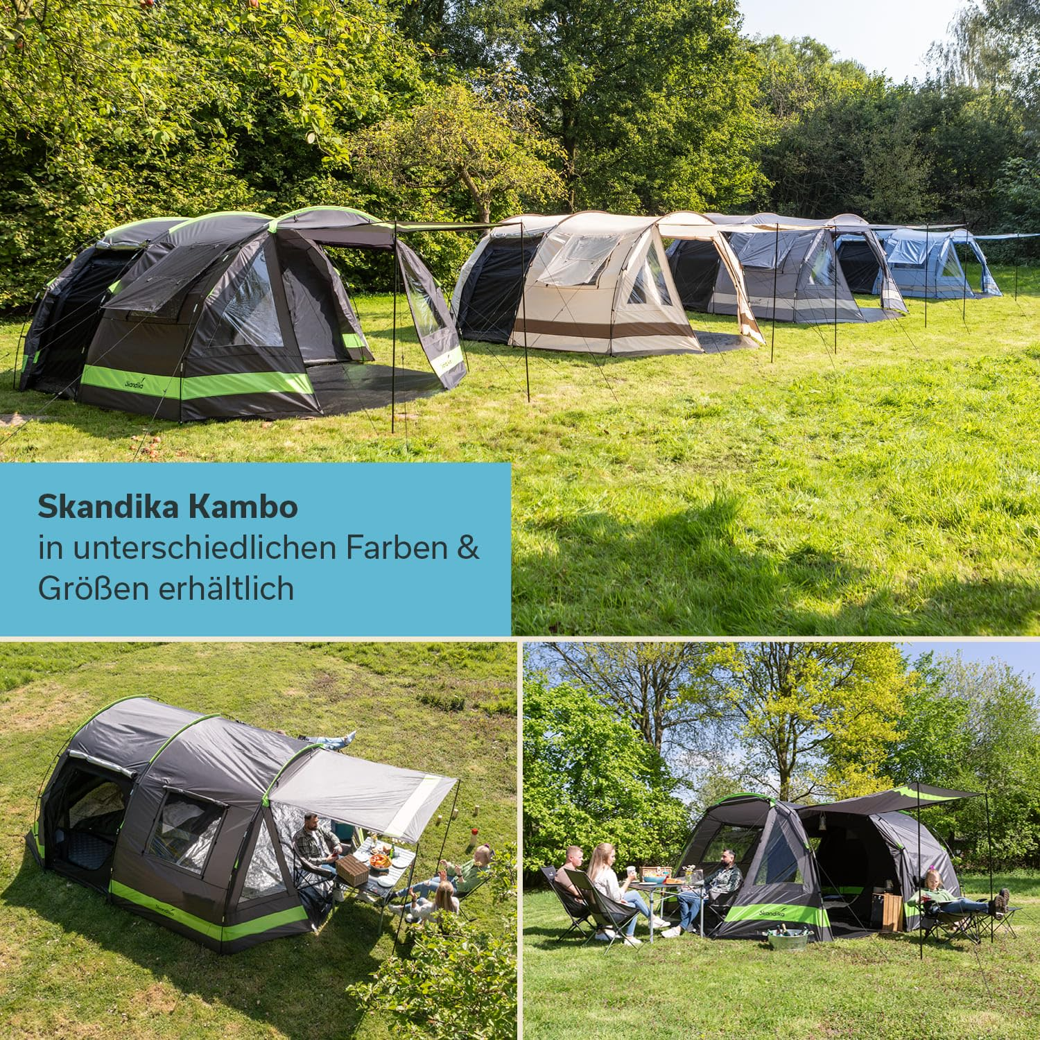 Diverse grandi tende Skandika Kambo su un prato verde con persone in campeggio.