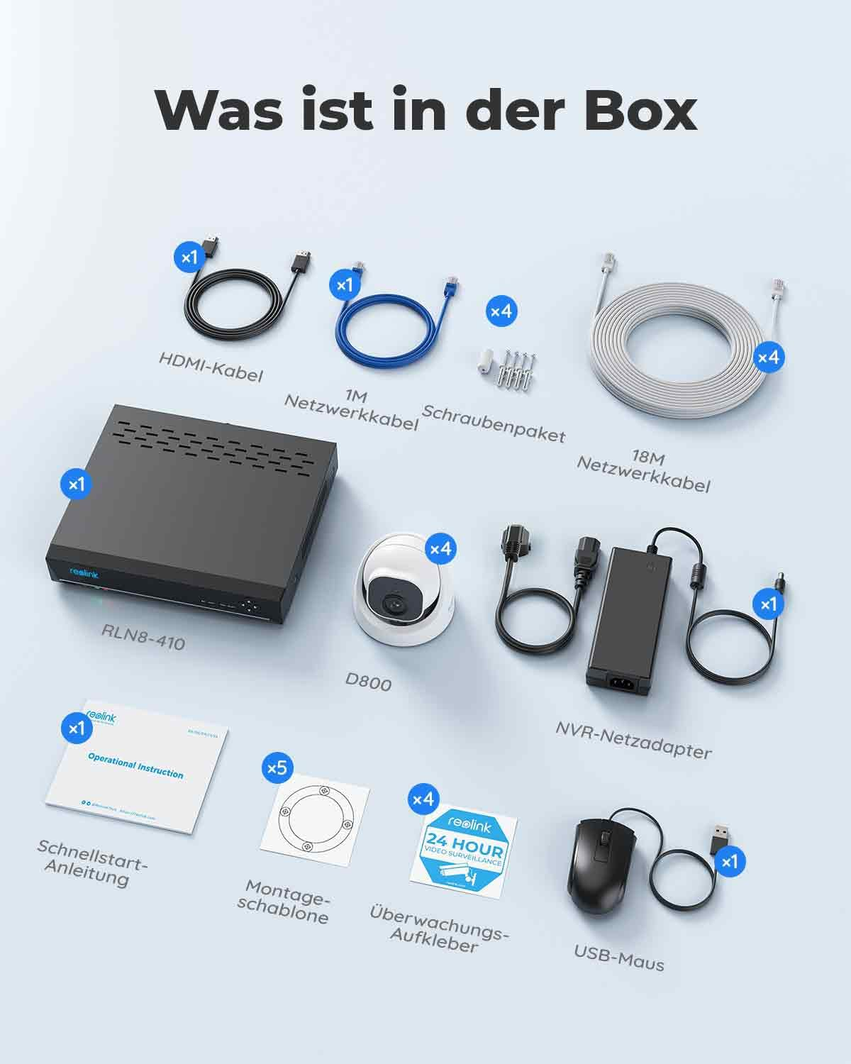 Un NVR, quatre caméras dôme, des câbles, des adaptateurs, des vis, une souris, un manuel et des autocollants sur fond bleu.