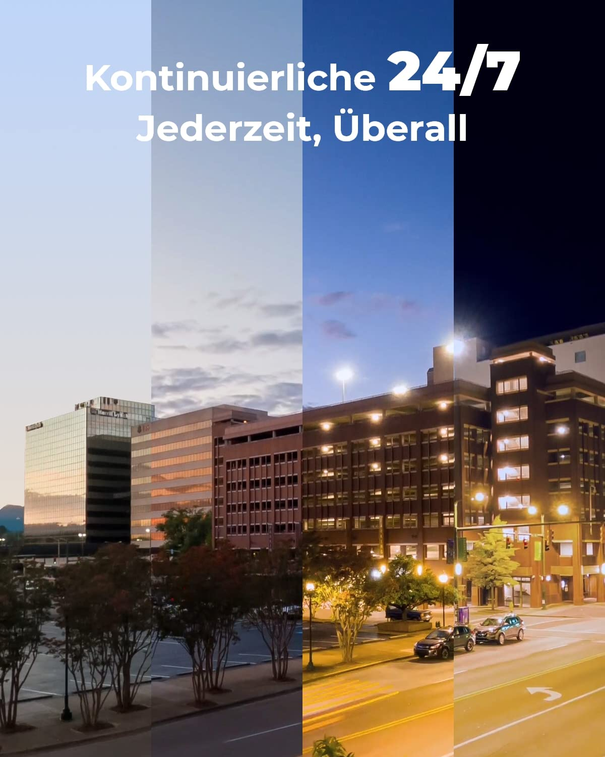 Paysage urbain divisé en quatre zones horaires, du jour à la nuit.