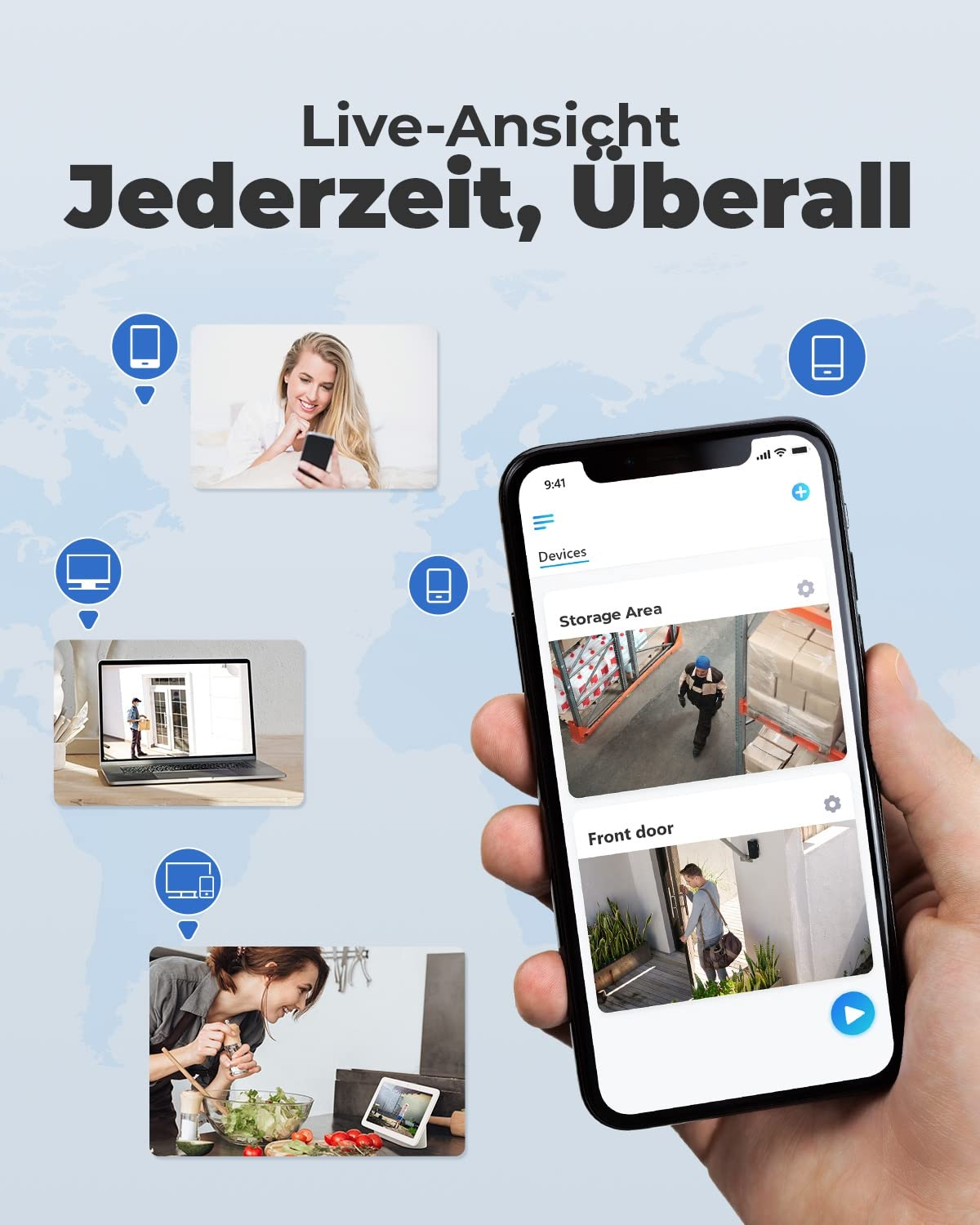 Smartphone affichant des flux de caméras en direct; de petits encarts montrent divers lieux.
