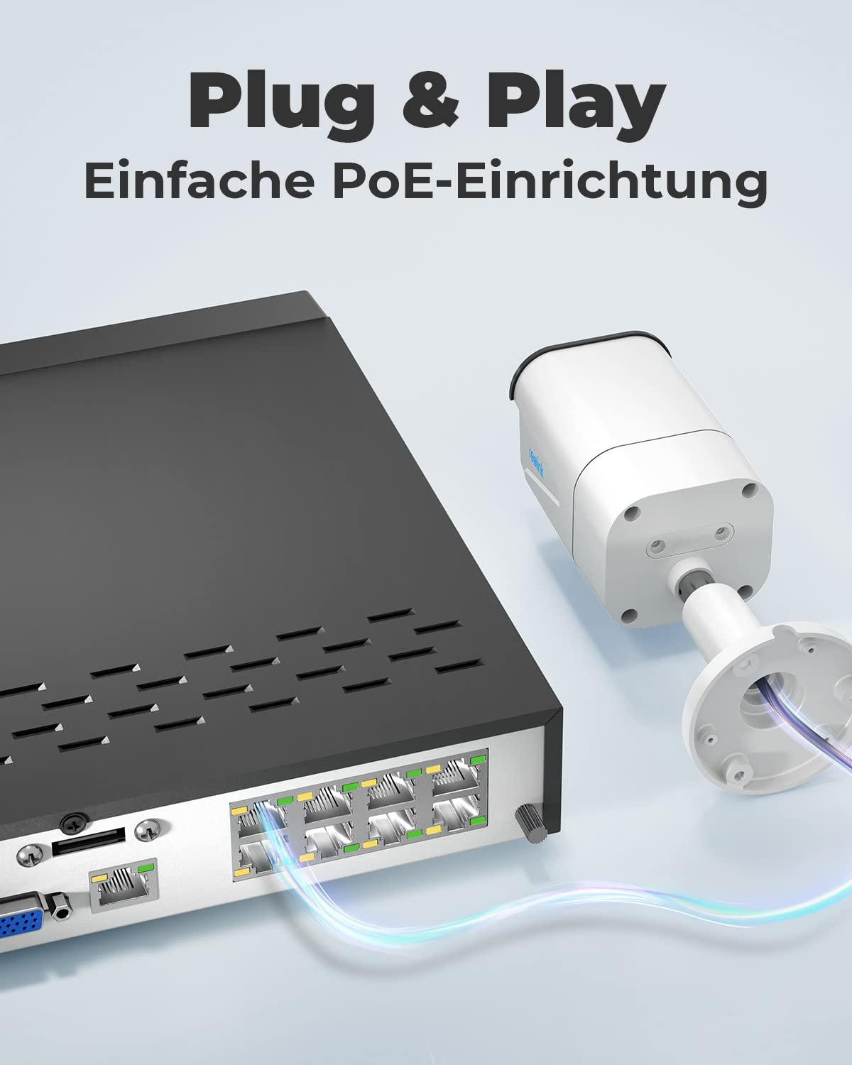 Une caméra de sécurité PoE connectée à un enregistreur par un câble lumineux, avec le texte 'Plug & Play'.