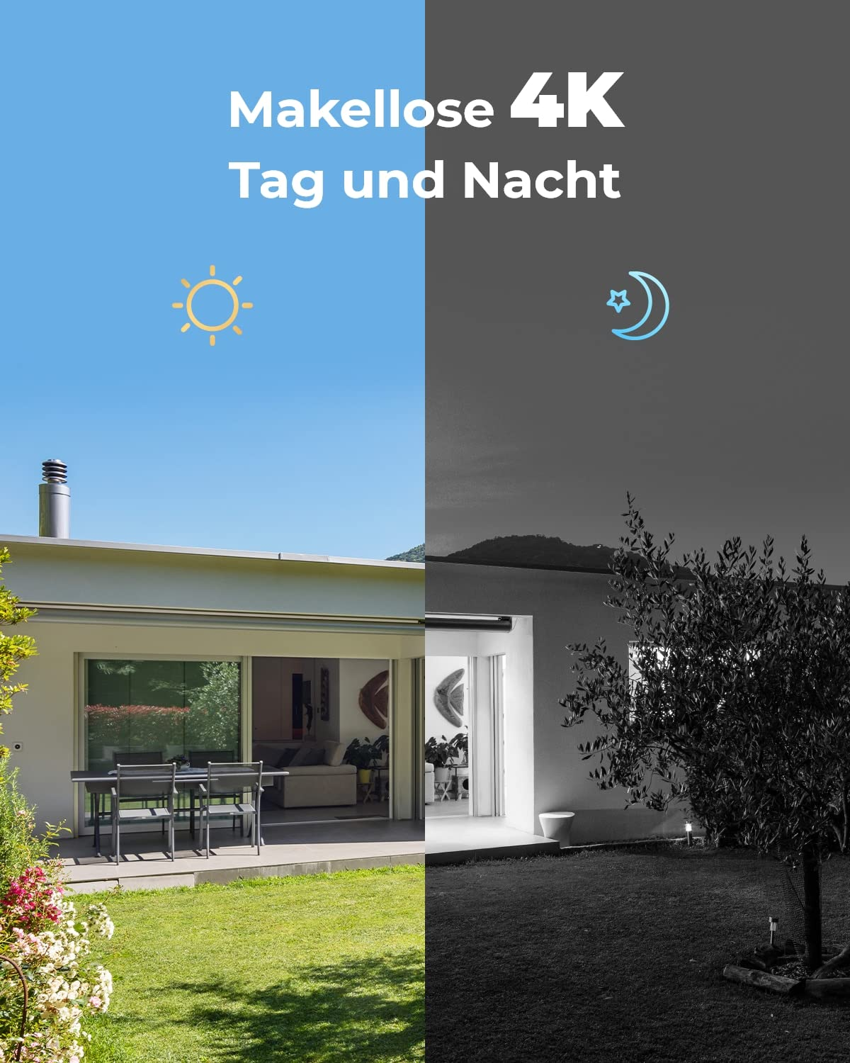 Comparaison d'une vue de maison de jour en couleur et de nuit en noir et blanc avec du texte.