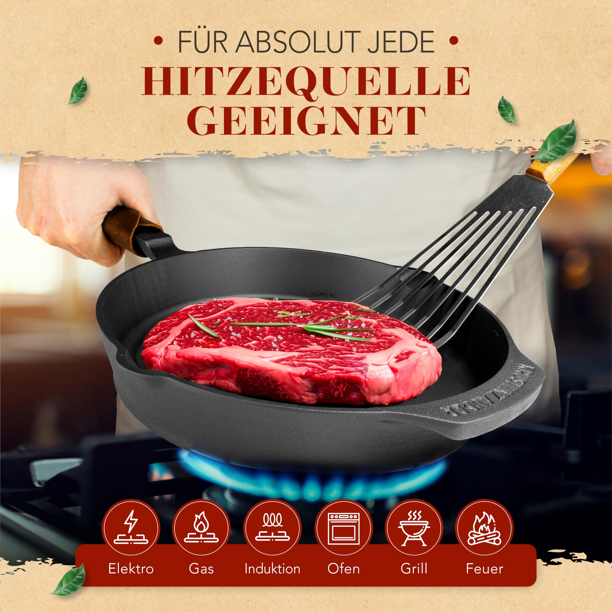 Una bistecca cruda in una padella di ghisa su fiamma blu con utensili da cucina e icone di fonti di calore.