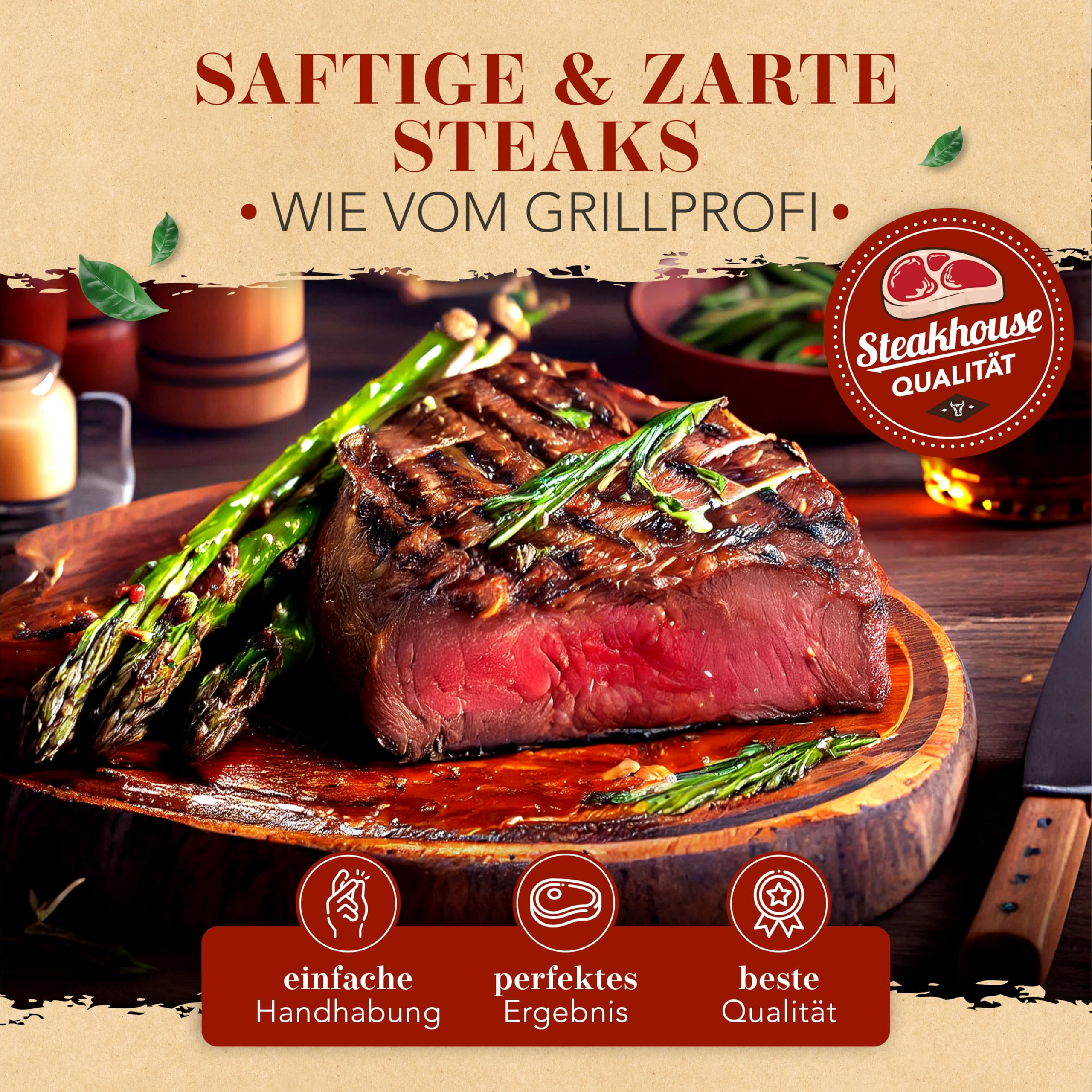 Ein saftiges, gegrilltes Steak mit Spargel auf einem Holzbrett.