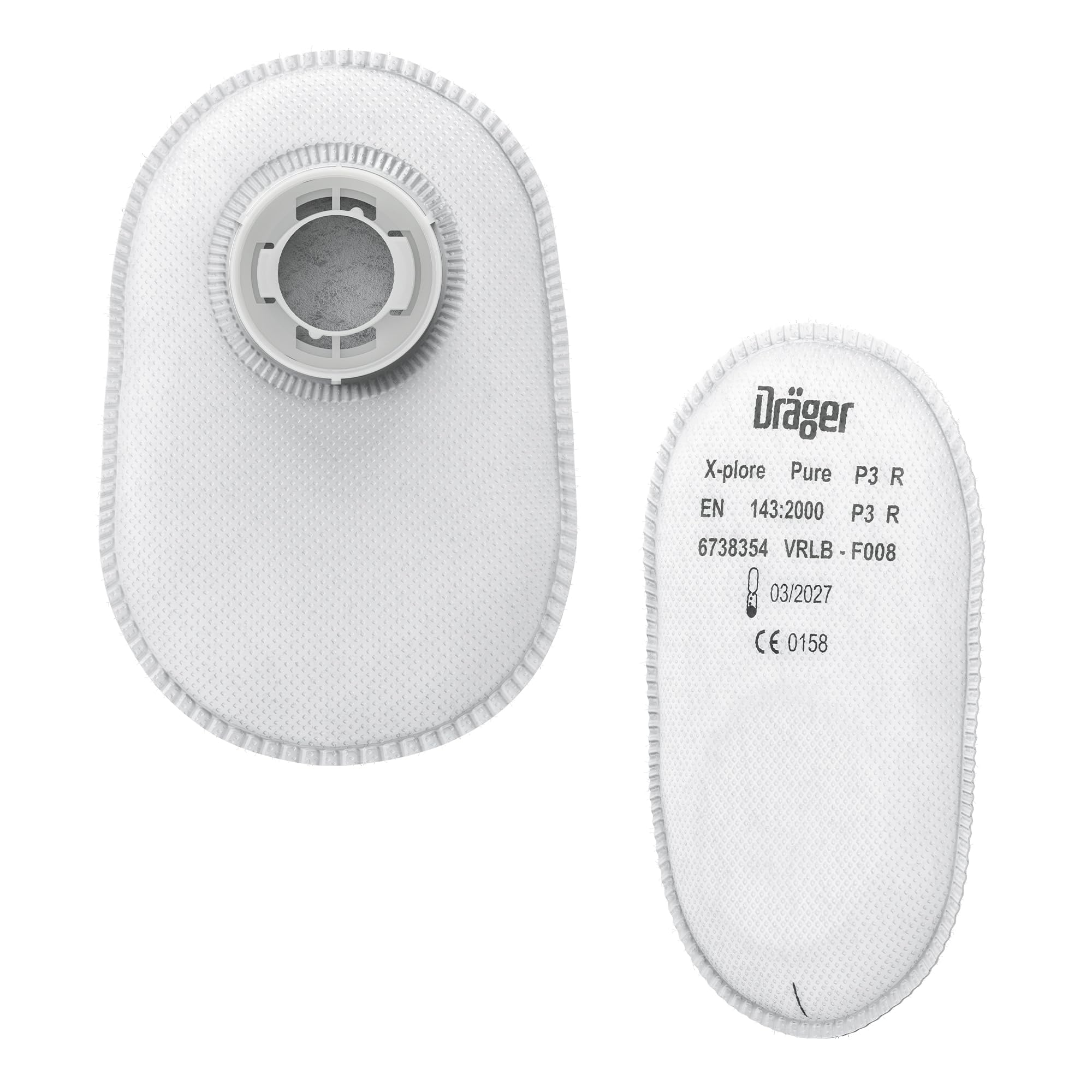 Due filtri respiratori ovali bianchi Dräger X-plore Pure P3 R su sfondo bianco, uno con connettore.