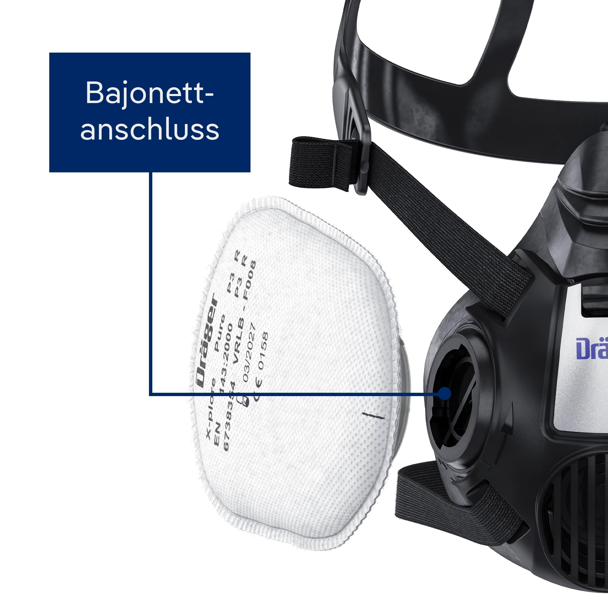 Una maschera respiratoria nera con un filtro bianco staccato, etichettata Bajonett-anschluss.