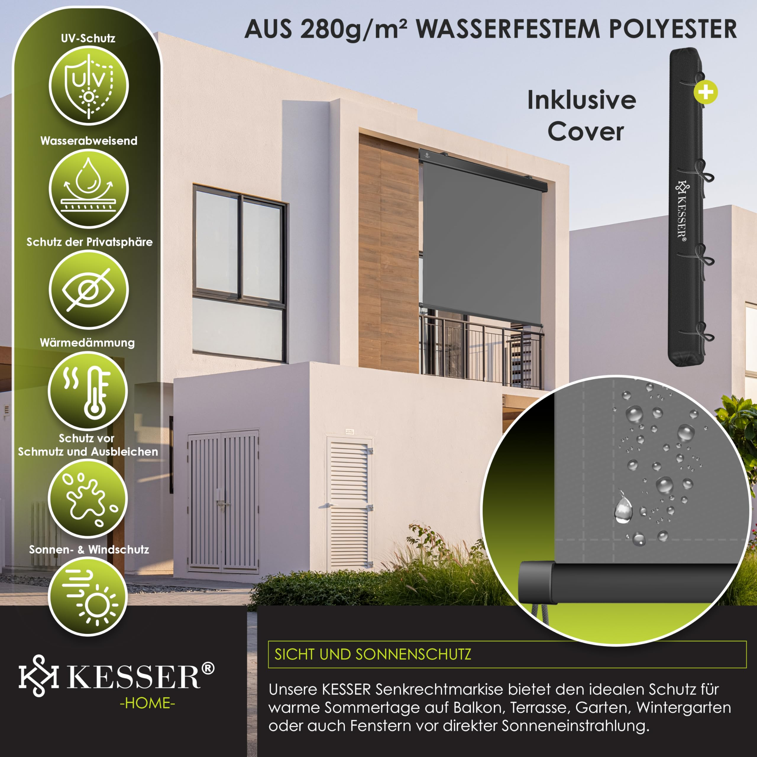 Graue KESSER Senkrechtmarkise an einem modernen Haus mit Icons für UV-Schutz, Wasserabweisung und Inklusive Cover.