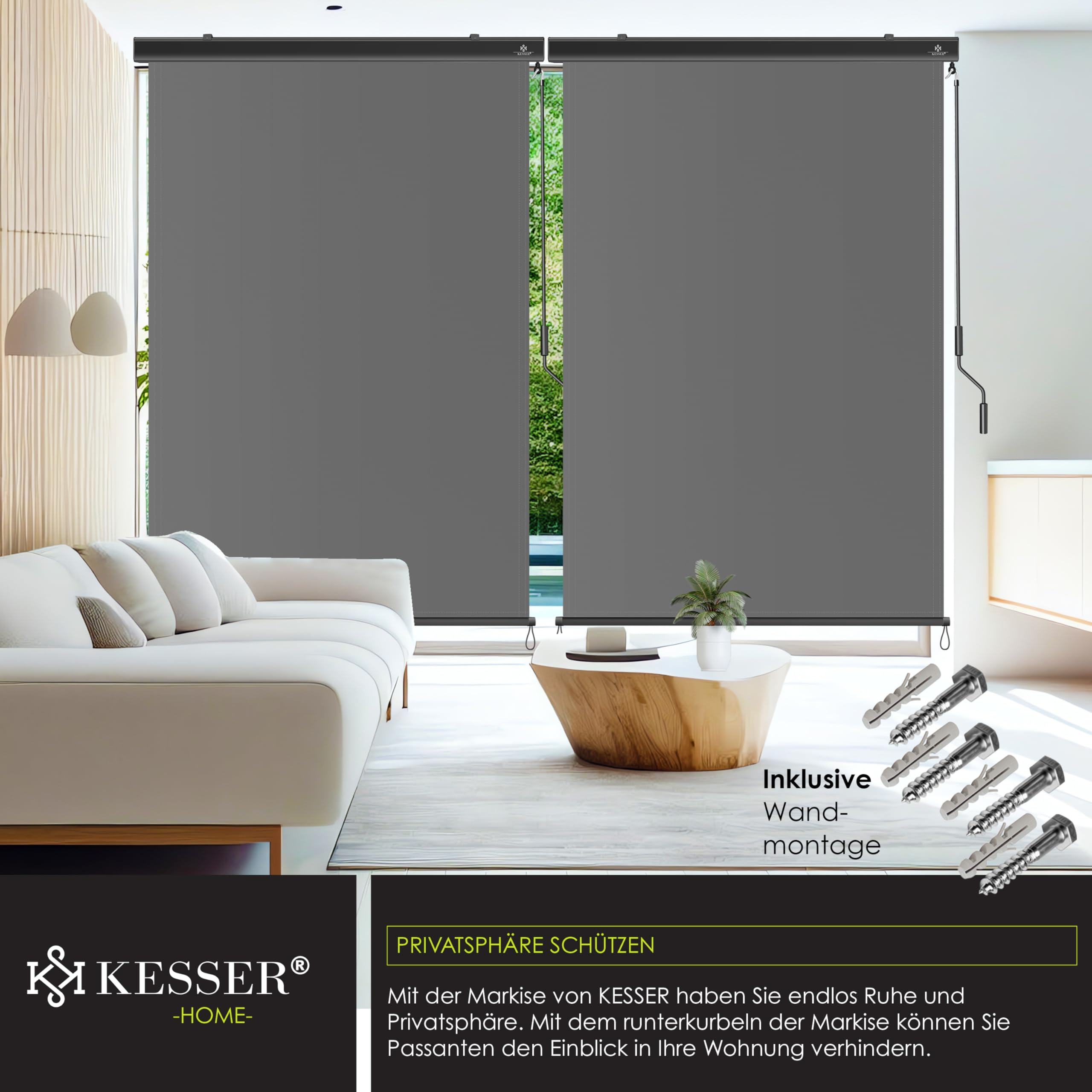 Graue Markise von KESSER in einem modernen Wohnzimmer mit weißem Sofa und Holztisch.