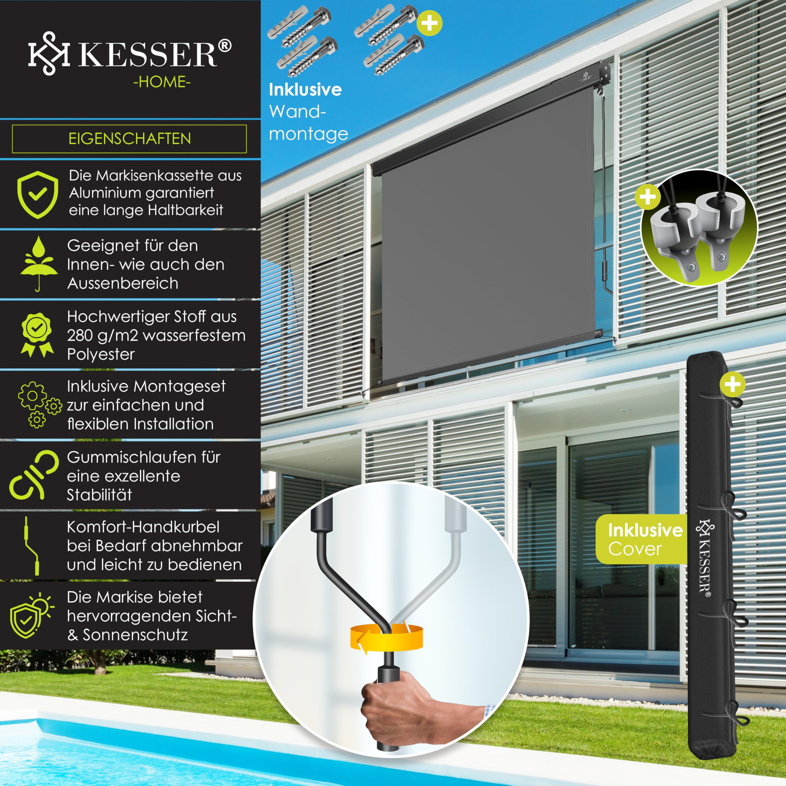 Graue Kesser Kassettenmarkise an moderner Hauswand mit Pool im Vordergrund, inklusive Montagezubehör und Kurbel.
