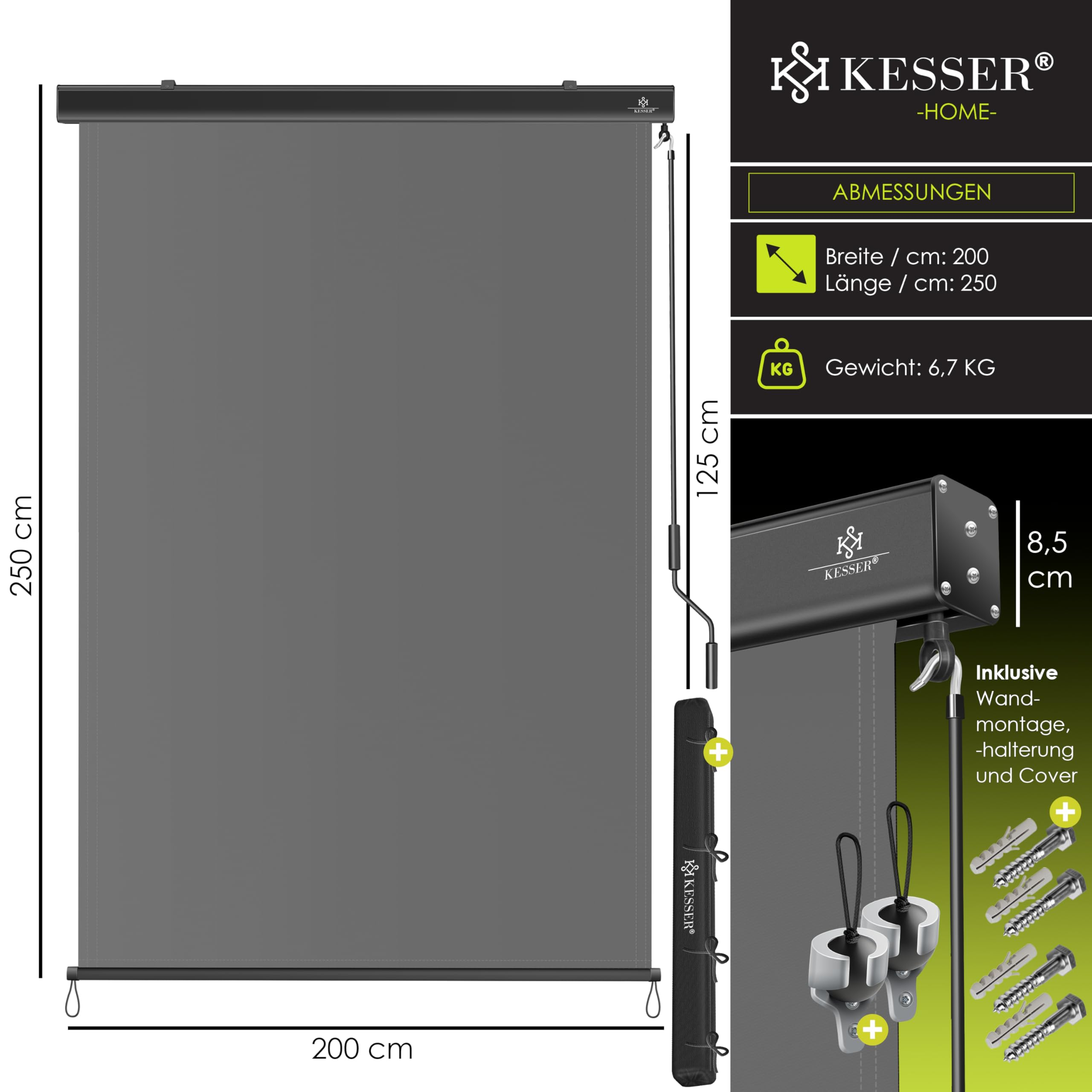 Graue Kesser Kassettenmarkise mit 200x250 cm, Kurbelstange, Wandhalterungen und Maßangaben.