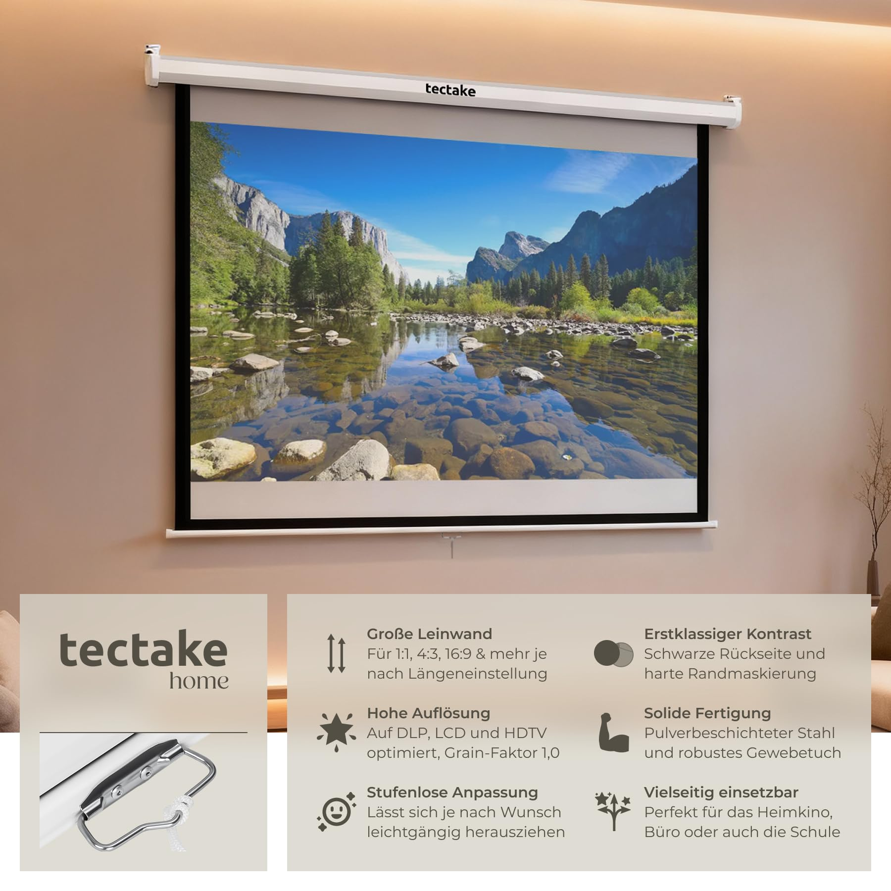 Eine wandmontierte Tectake-Leinwand zeigt eine Berglandschaft am Fluss, begleitet von Produktdetails.