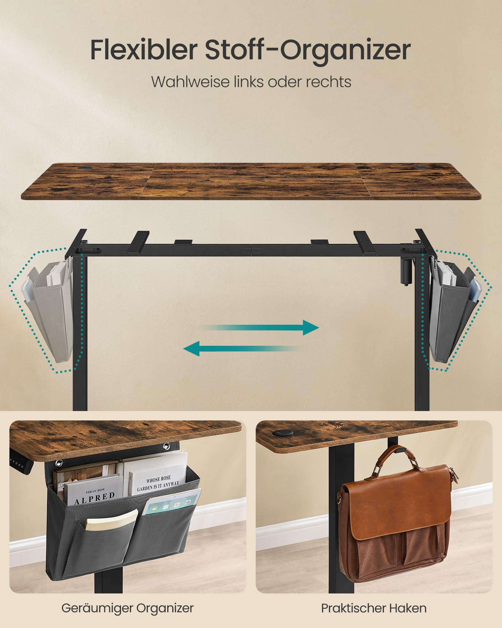 Bureau avec organiseur en tissu et crochet; organiseur montable à gauche ou à droite.