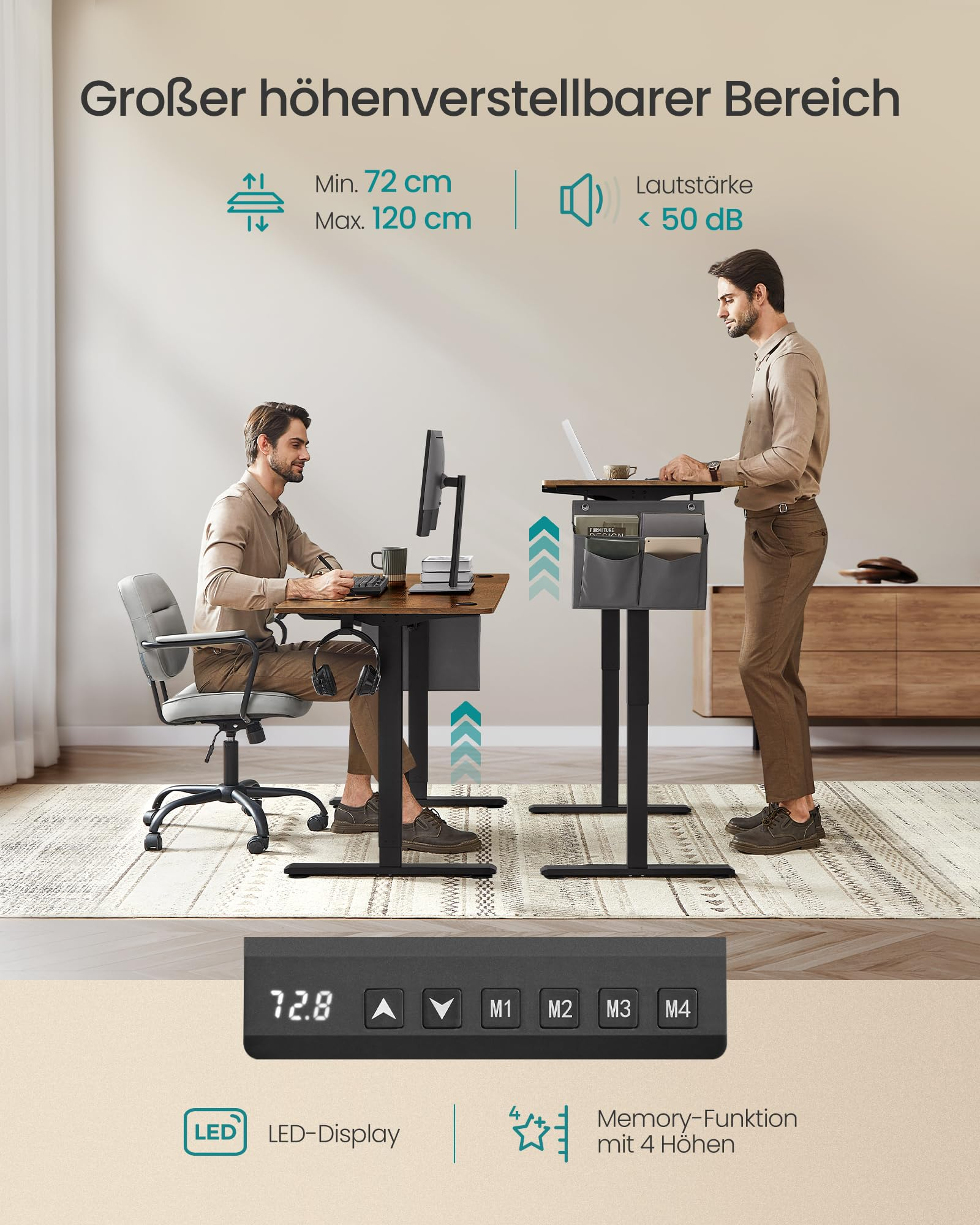 Un homme travaille à un bureau réglable présenté en positions assise et debout avec un panneau de commande LED.