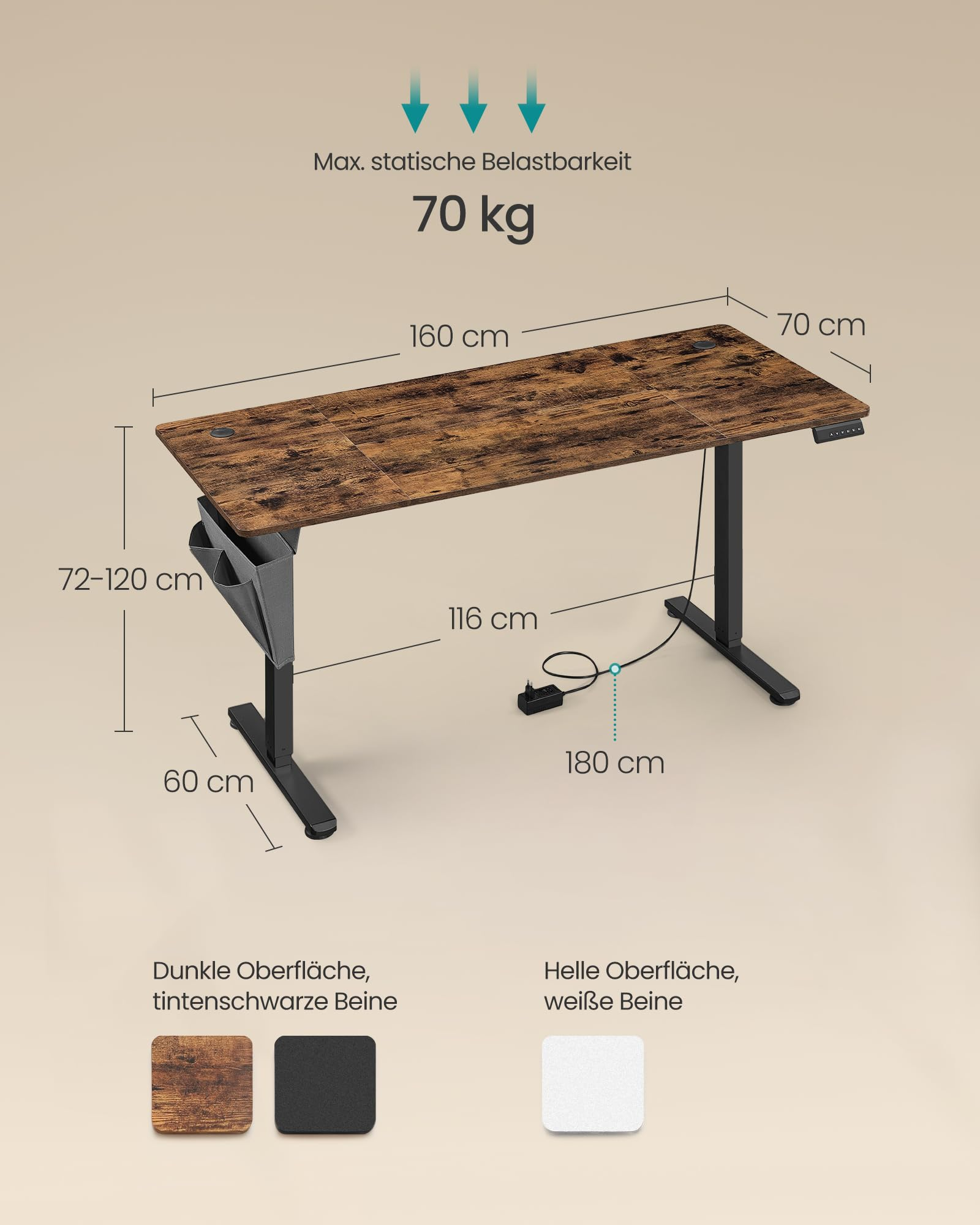 Dessin technique d'un bureau debout avec dimensions, capacité de charge de 70 kg et options de couleur.