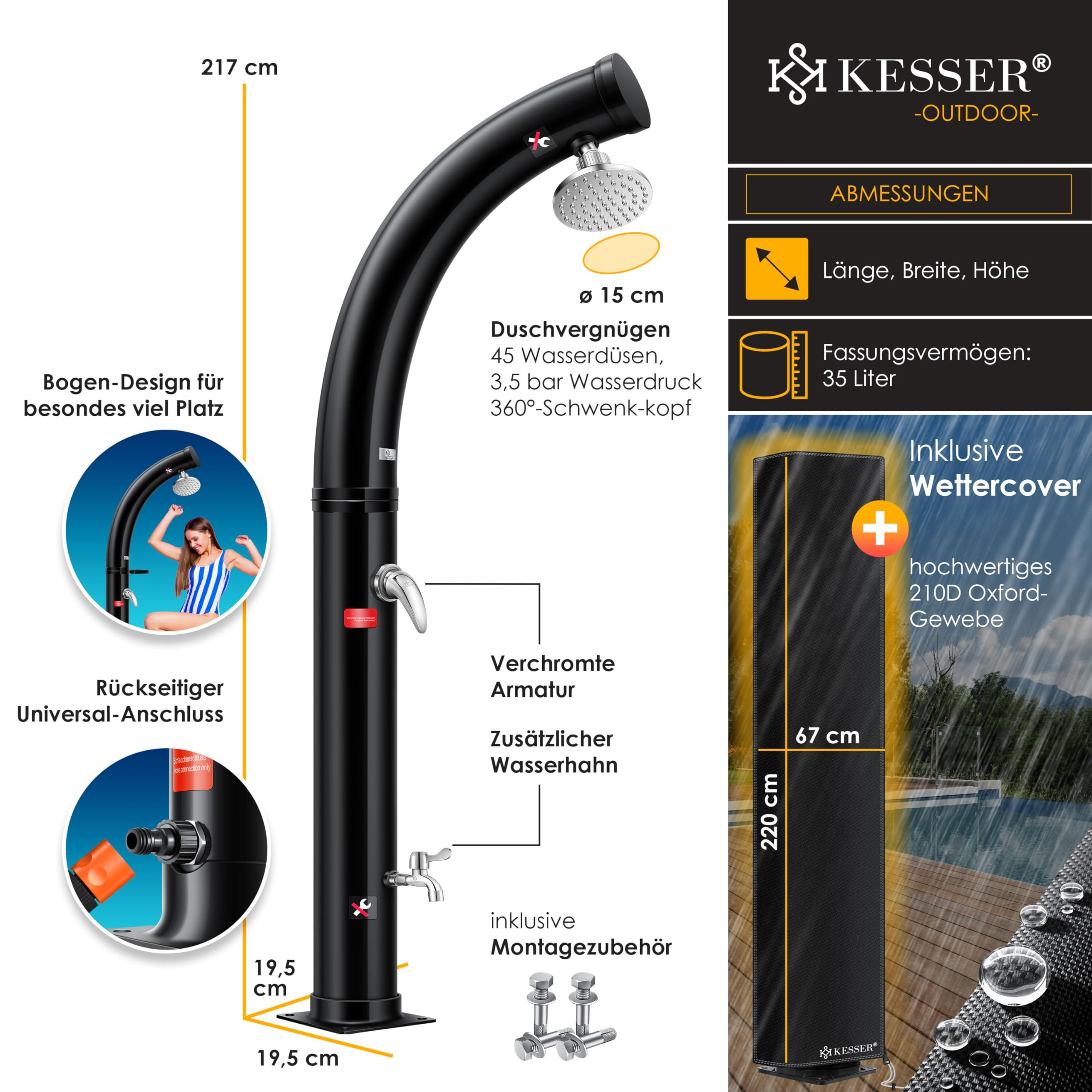 Détails techniques d'une douche solaire Kesser noire avec dimensions, robinetterie et accessoires.