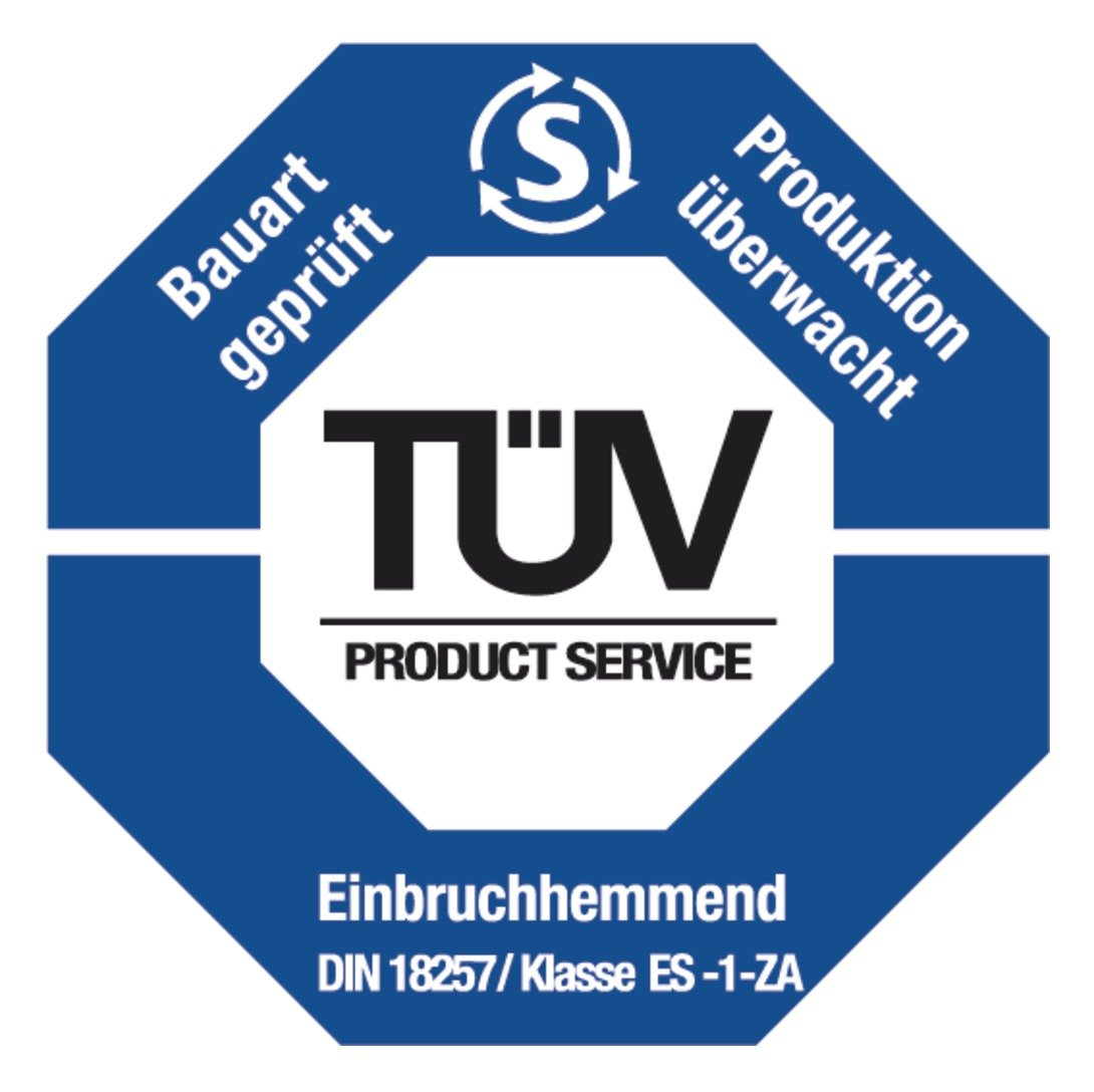Blau-weisses TÜV-Prüfzeichen mit der Aufschrift Bauart geprüft und Einbruchhemmend.