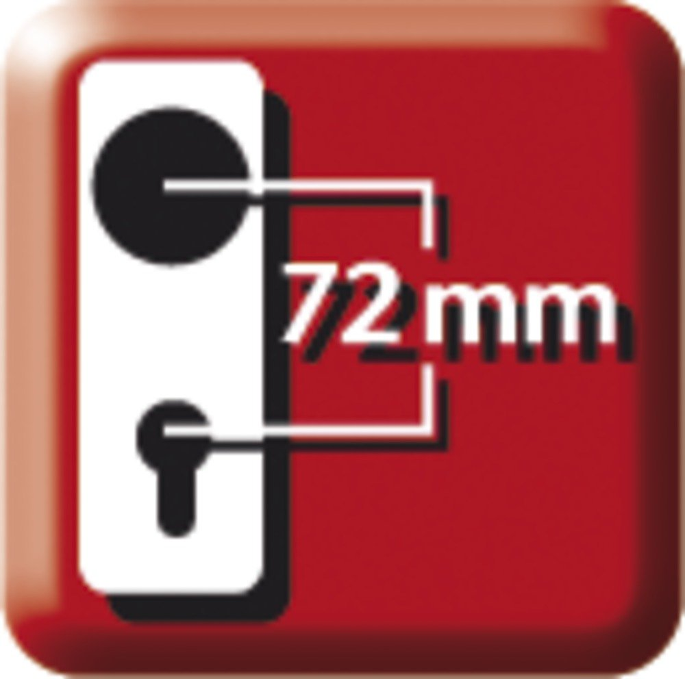 Rotes Quadrat mit weißem Symbol und der Aufschrift 72 mm, die den Abstand zwischen Griff und Schloss zeigt.
