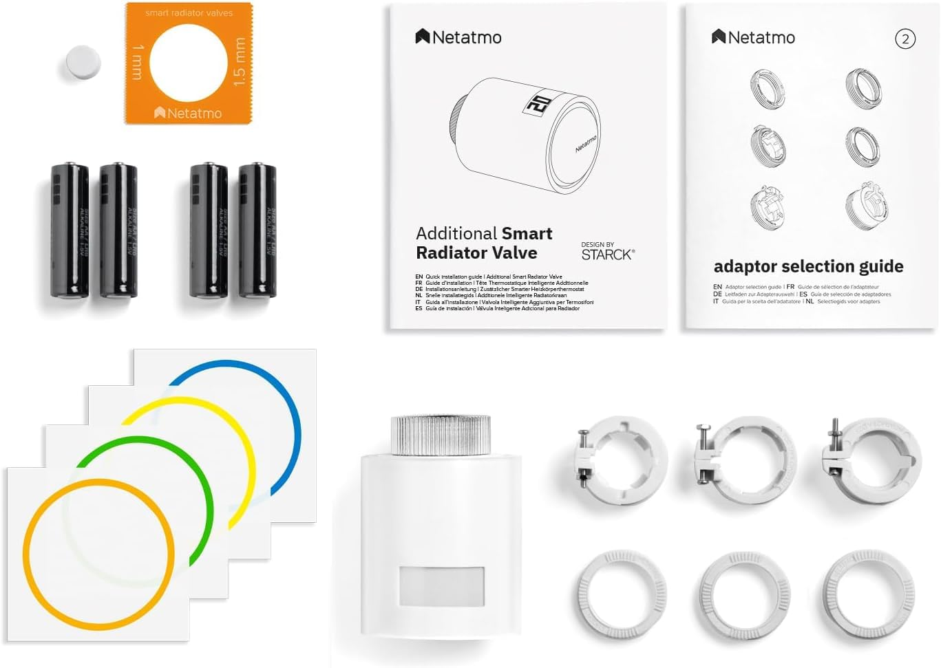 Netatmo Smart Radiator Valve mit Batterien, Adaptern, Anleitung und bunten Aufklebern.