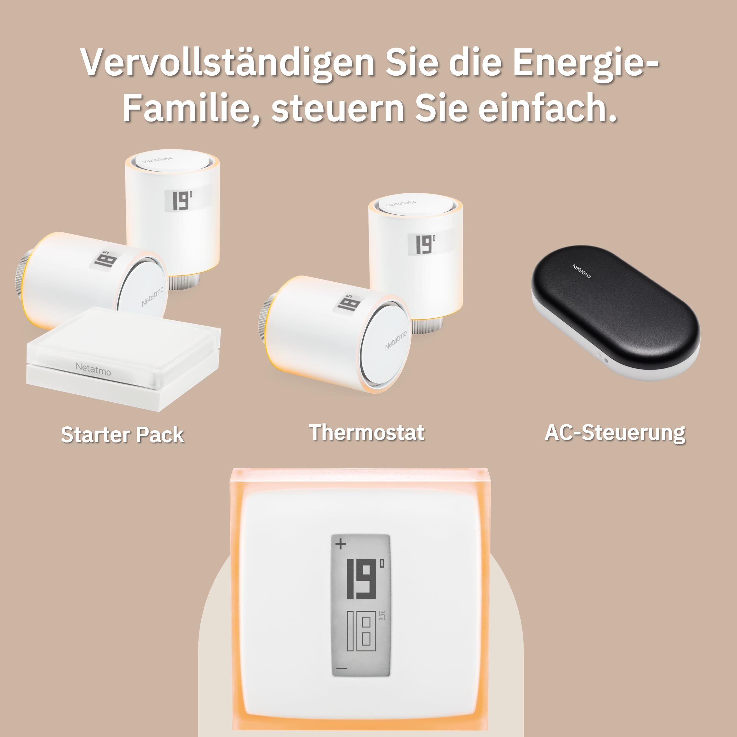 Netatmo Smart-Home-Heizgeräte, darunter Starterpaket, Thermostat und AC-Steuerung auf beige.