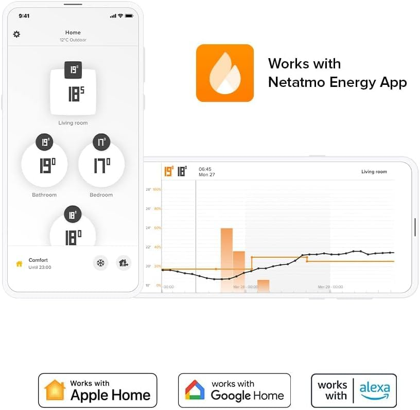 Smartphones zeigen die Netatmo Energy App mit Temperaturreglern und Statistiken sowie Apple, Google und Alexa Logos.