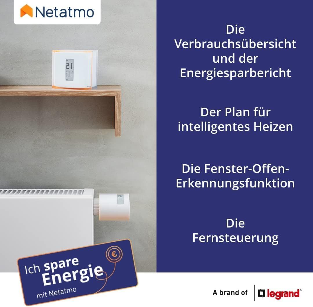 Netatmo-Geräte für Energieeinsparung und intelligente Heizungssteuerung an einer Wand.