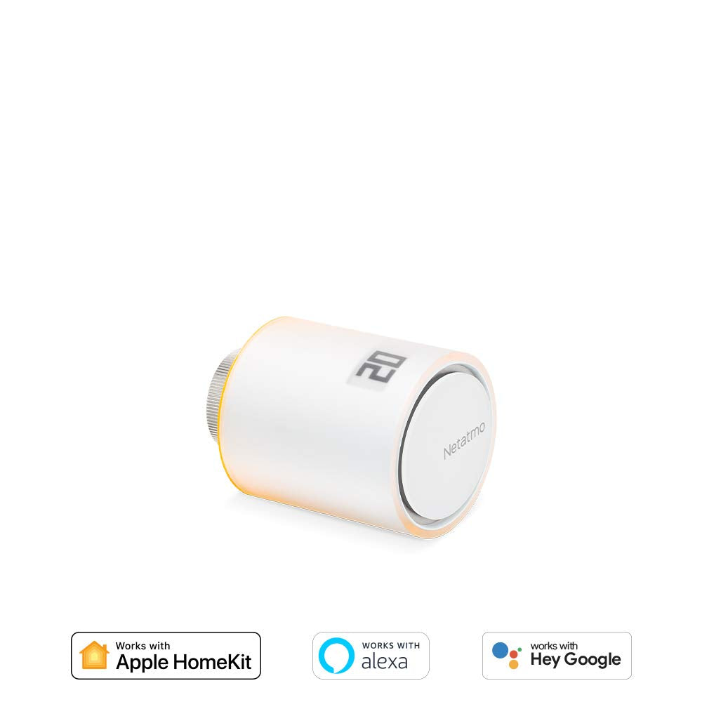 Ein weißer Netatmo Smart-Heizkörperthermostat mit digitaler Anzeige, kompatibel mit HomeKit, Alexa und Google.