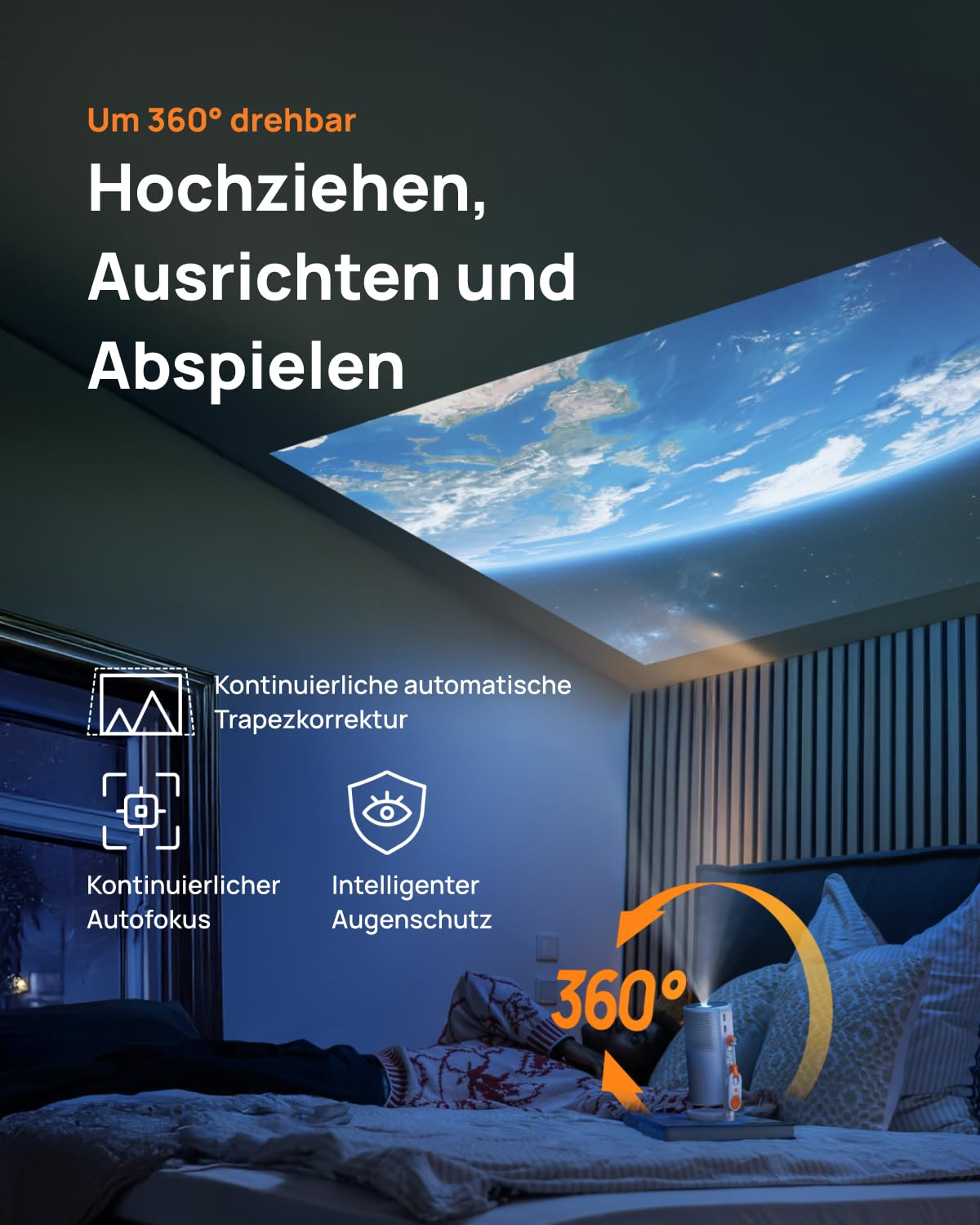 Ein Projektor projiziert die Erde an die Decke, während eine Person im Bett liegt.