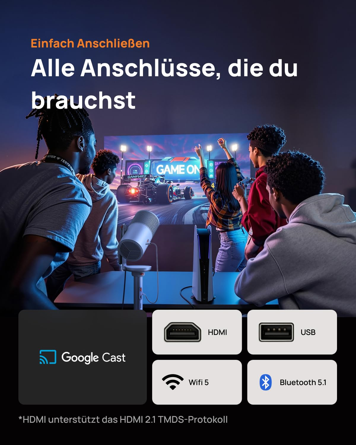 Leute spielen Videospiele vor einer Leinwand. Unten Symbole für Google Cast, HDMI, USB, Wifi und Bluetooth.