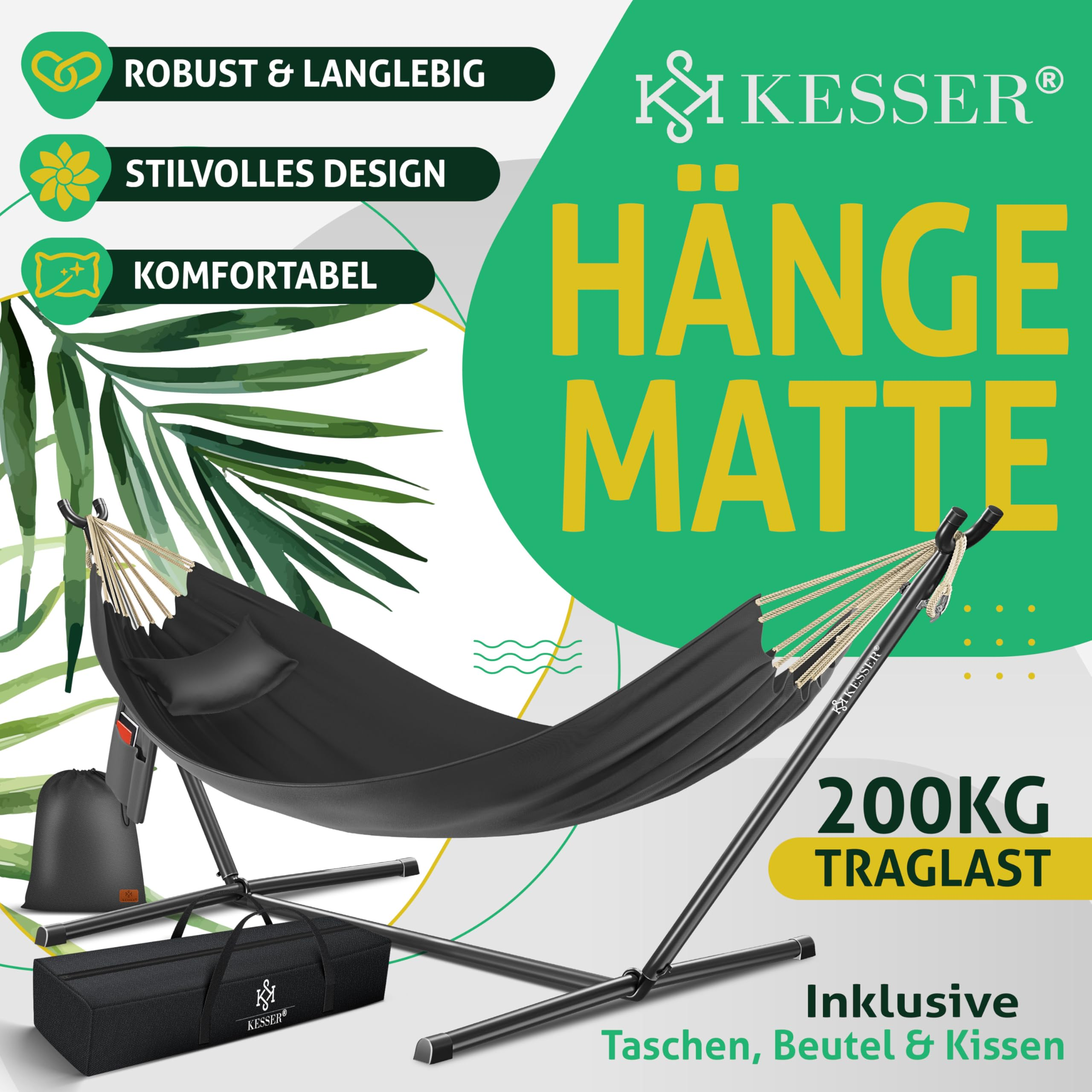 Schwarze Kesser Hängematte mit Gestell, Kissen, Tasche und 200 kg Tragkraft vor grün-weißem Hintergrund.