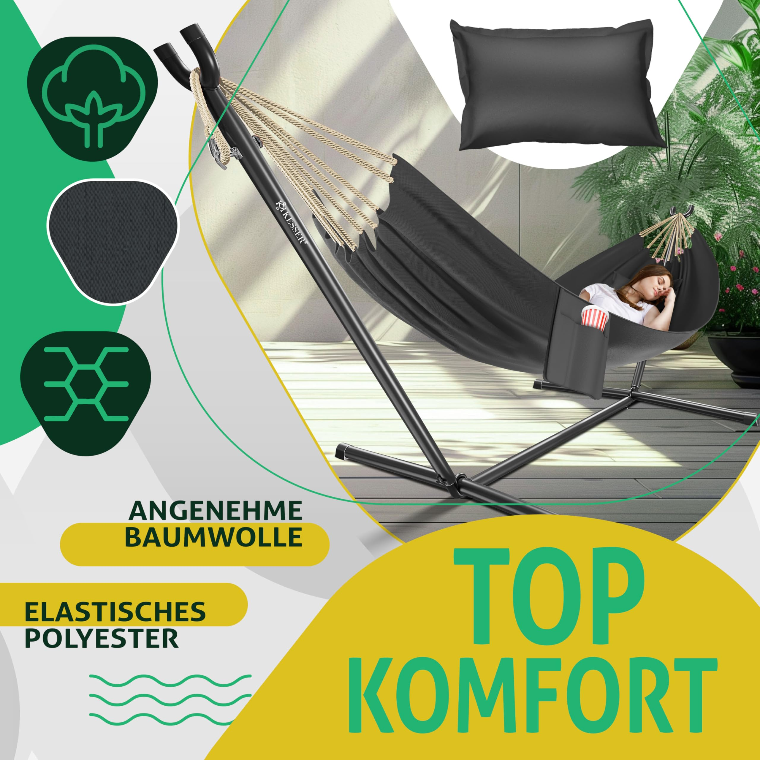 Eine Frau schläft in einer schwarzen Hängematte auf einem Metallgestell, umgeben von Icons und Text.