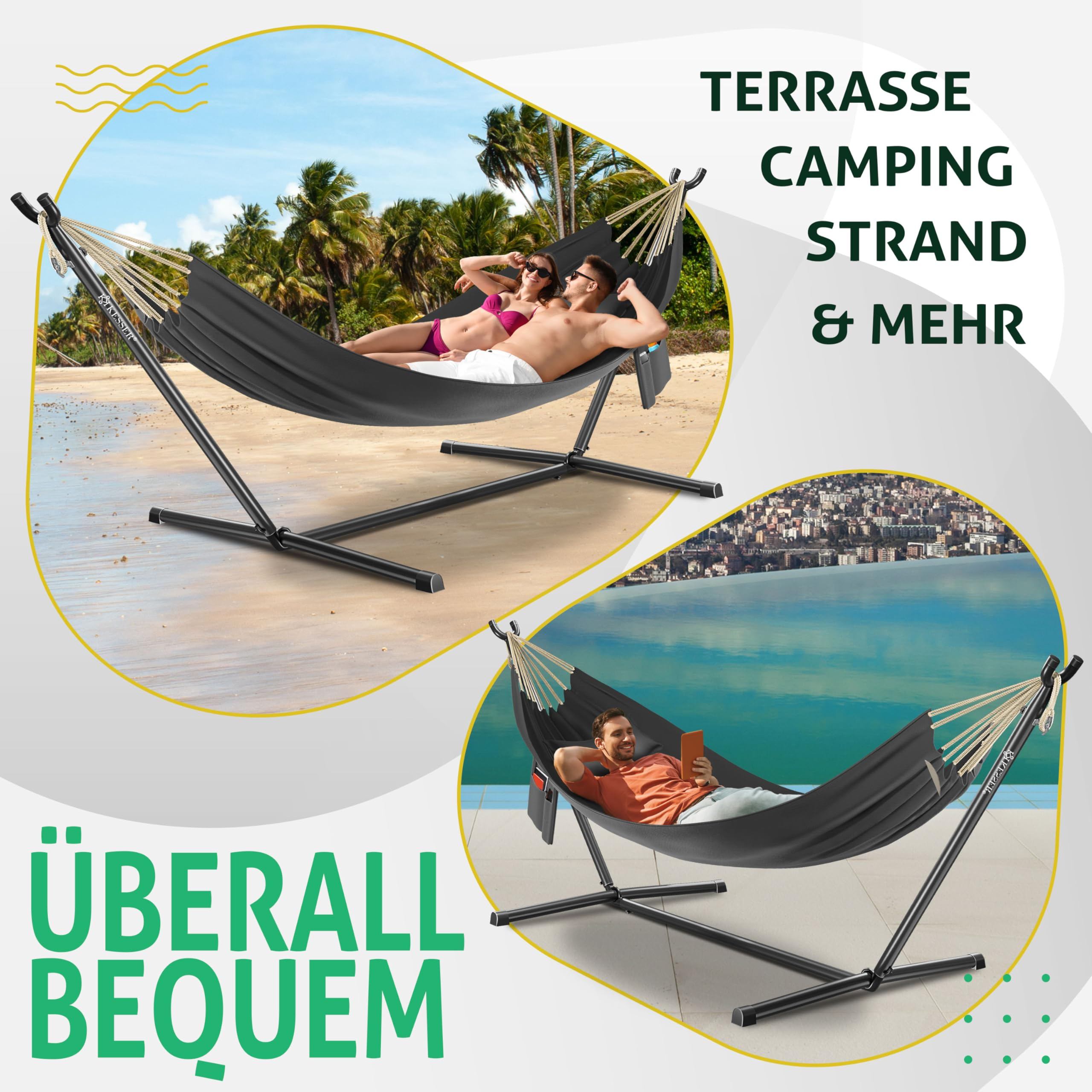 Schwarze Hängematte mit Gestell, genutzt am Strand und am Pool mit Personen.