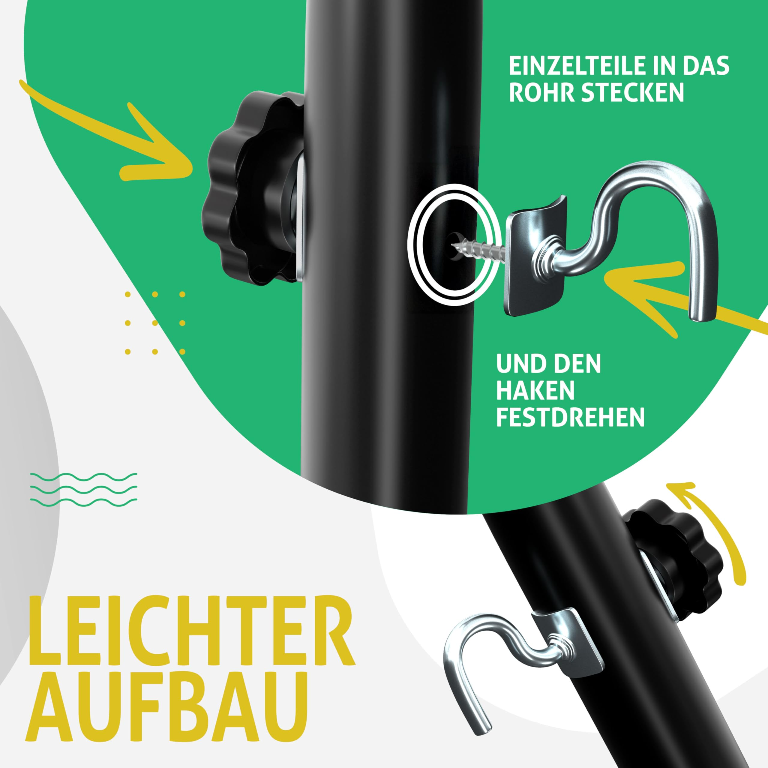 Anleitungsgrafik zur Montage einer Metallstange mit Haken und Drehknopf vor grün-weißem Hintergrund.
