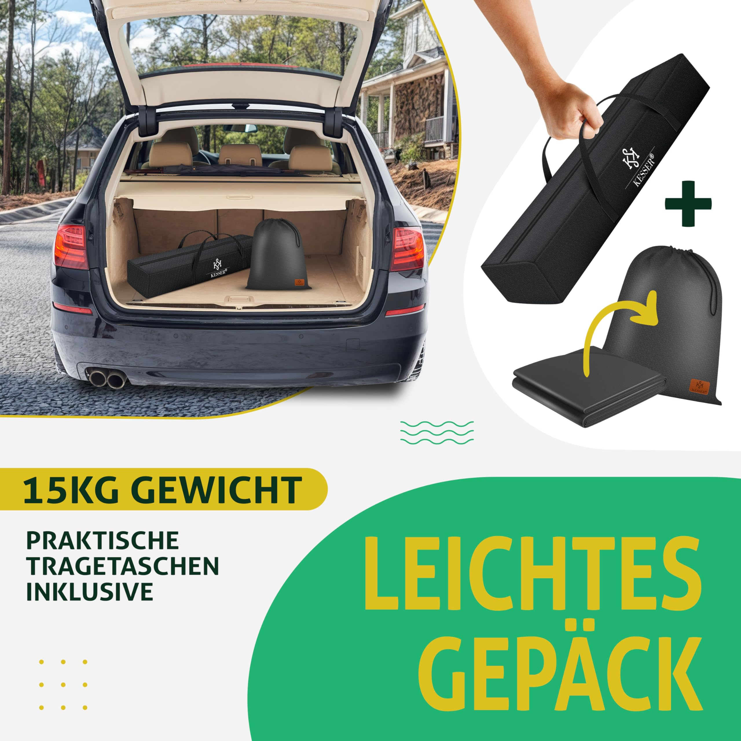 Kofferraum mit Tragetasche und Matte sowie Hand, die eine Tasche hält.