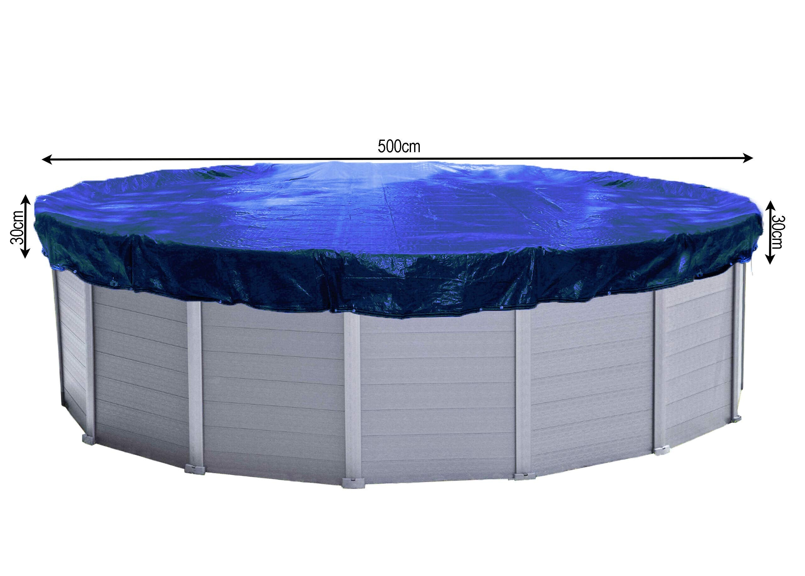 Piscine ronde avec une bâche bleue et des dimensions.