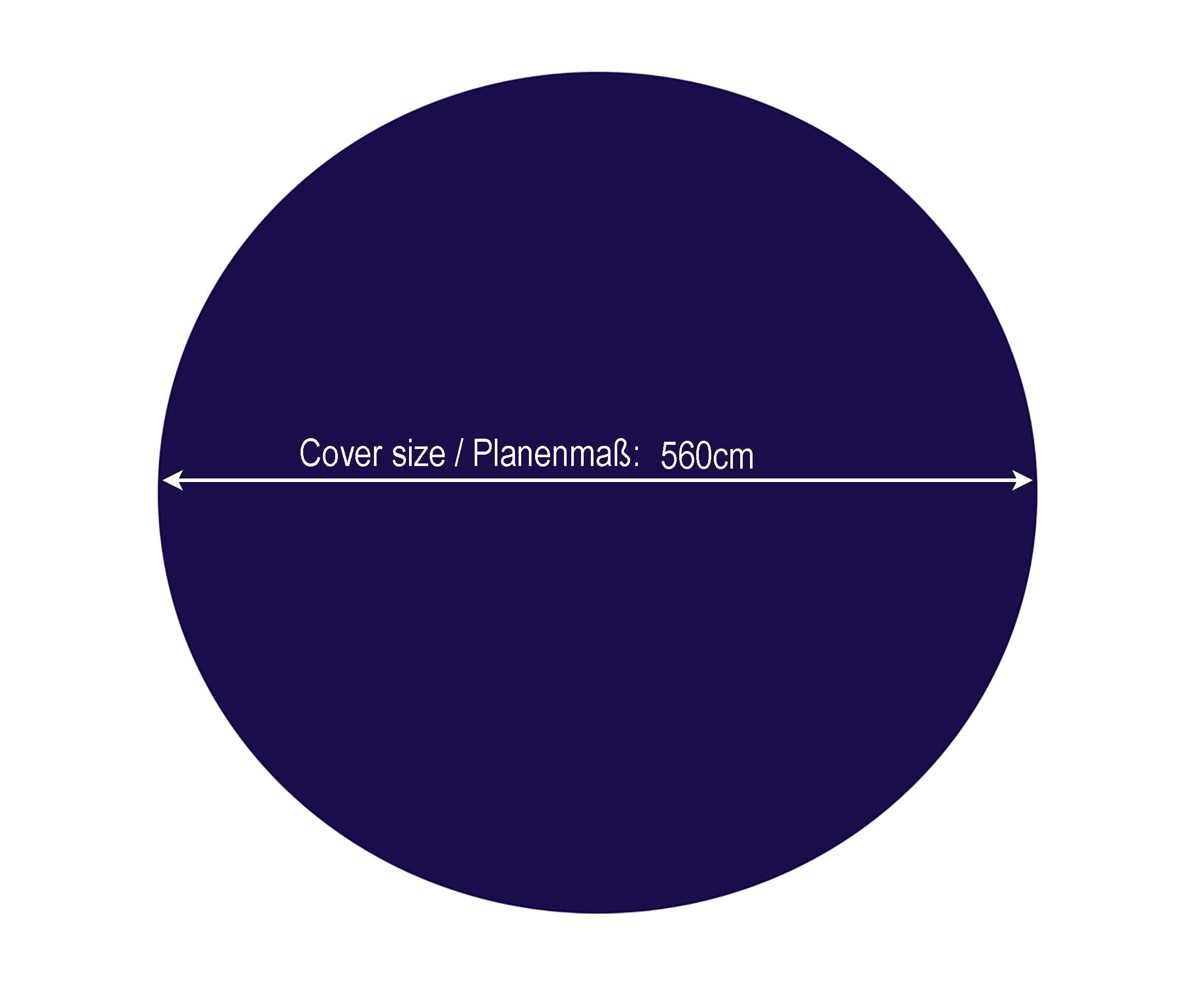 Cercle bleu foncé d'un diamètre de 560 cm, indiqué par une double flèche blanche.