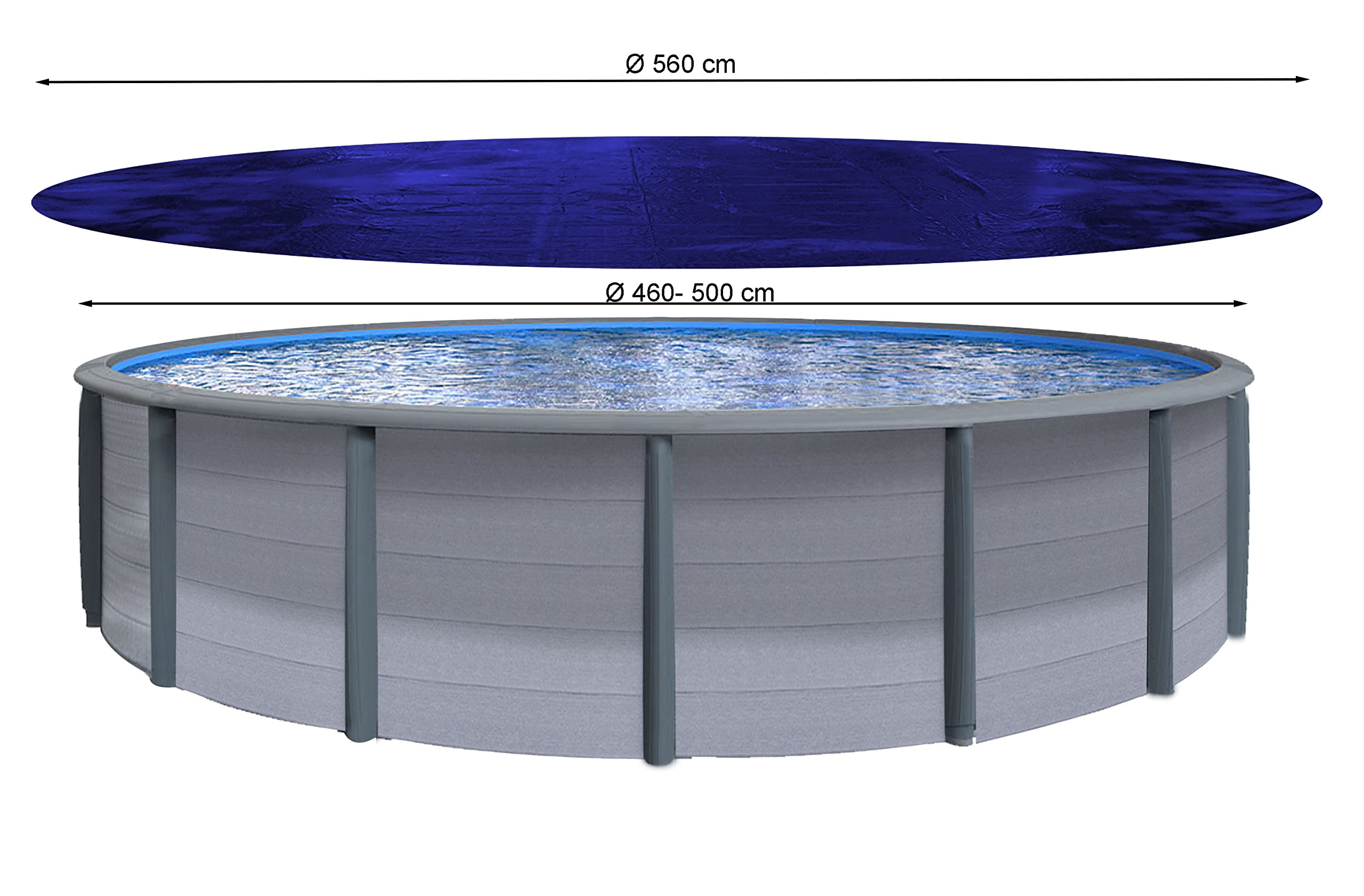 Piscine ronde hors-sol grise avec bâche bleue et diamètres de 460 à 560 cm.