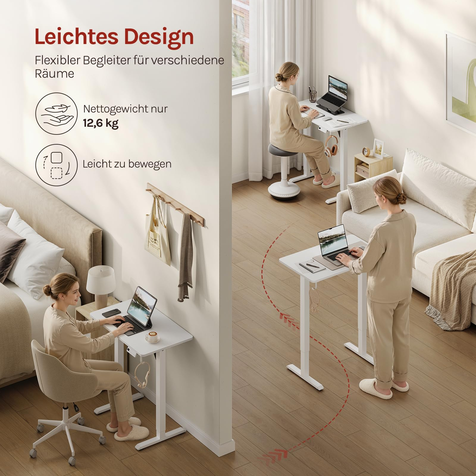 Une femme utilise un bureau debout léger et mobile dans trois pièces.
