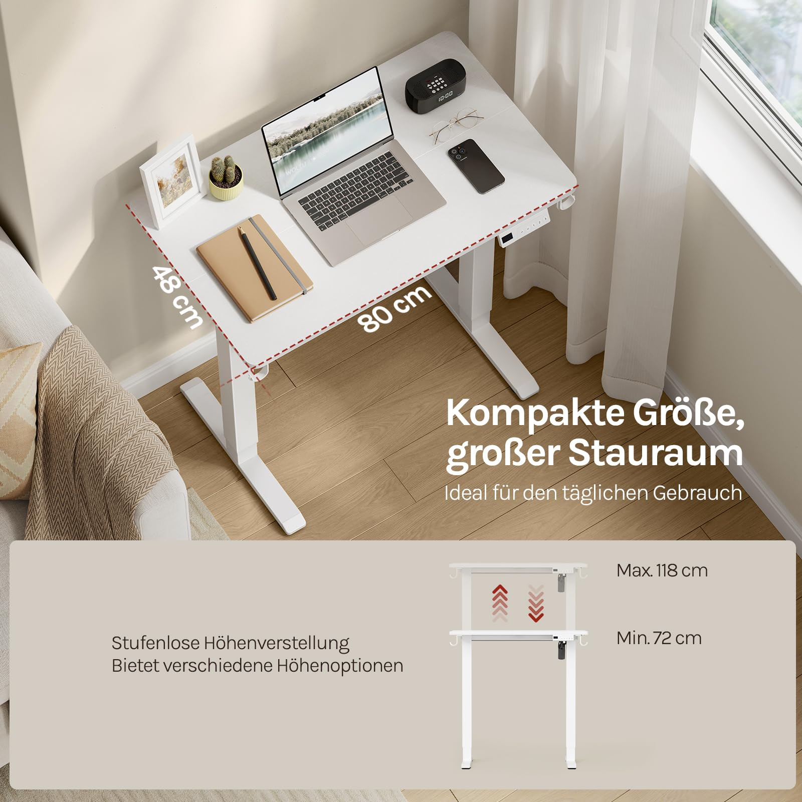 Bureau debout compact blanc avec ordinateur portable, bloc-notes, dimensions 80x48 cm et hauteur réglable.